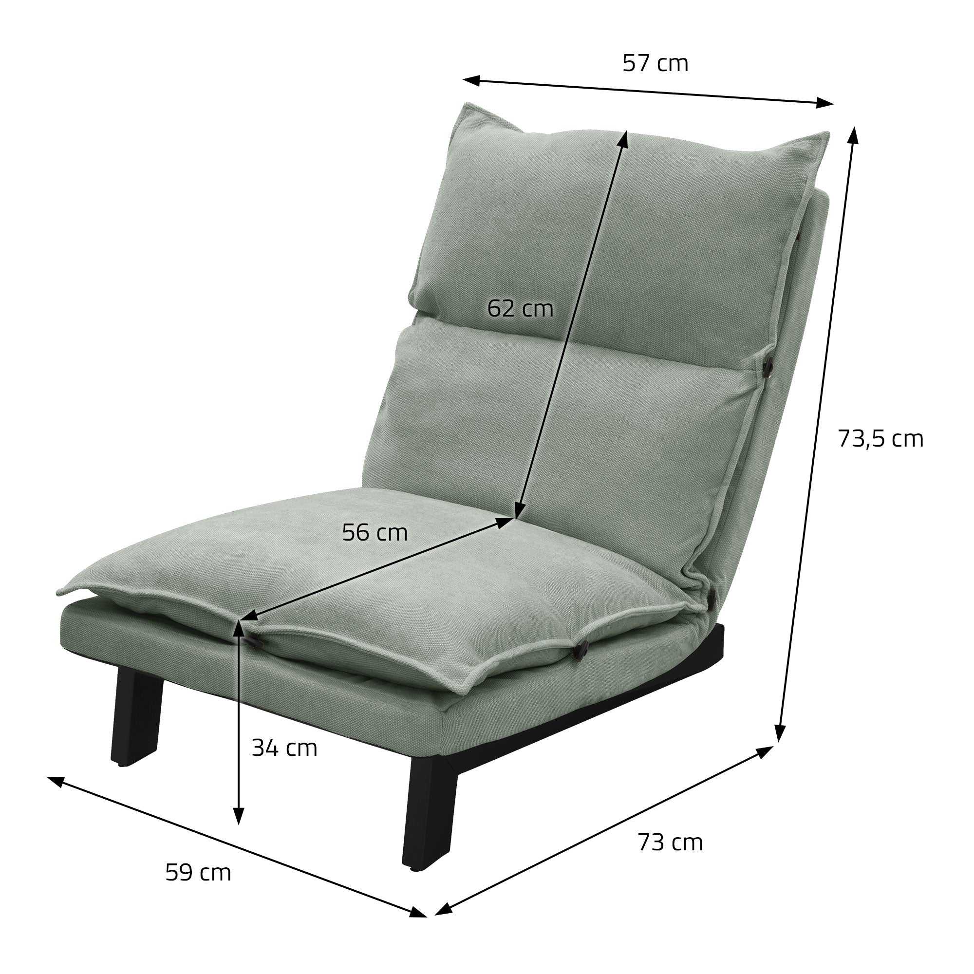 Fauteuil avec dimensions : 57 cm de large, 73,5 cm de haut.