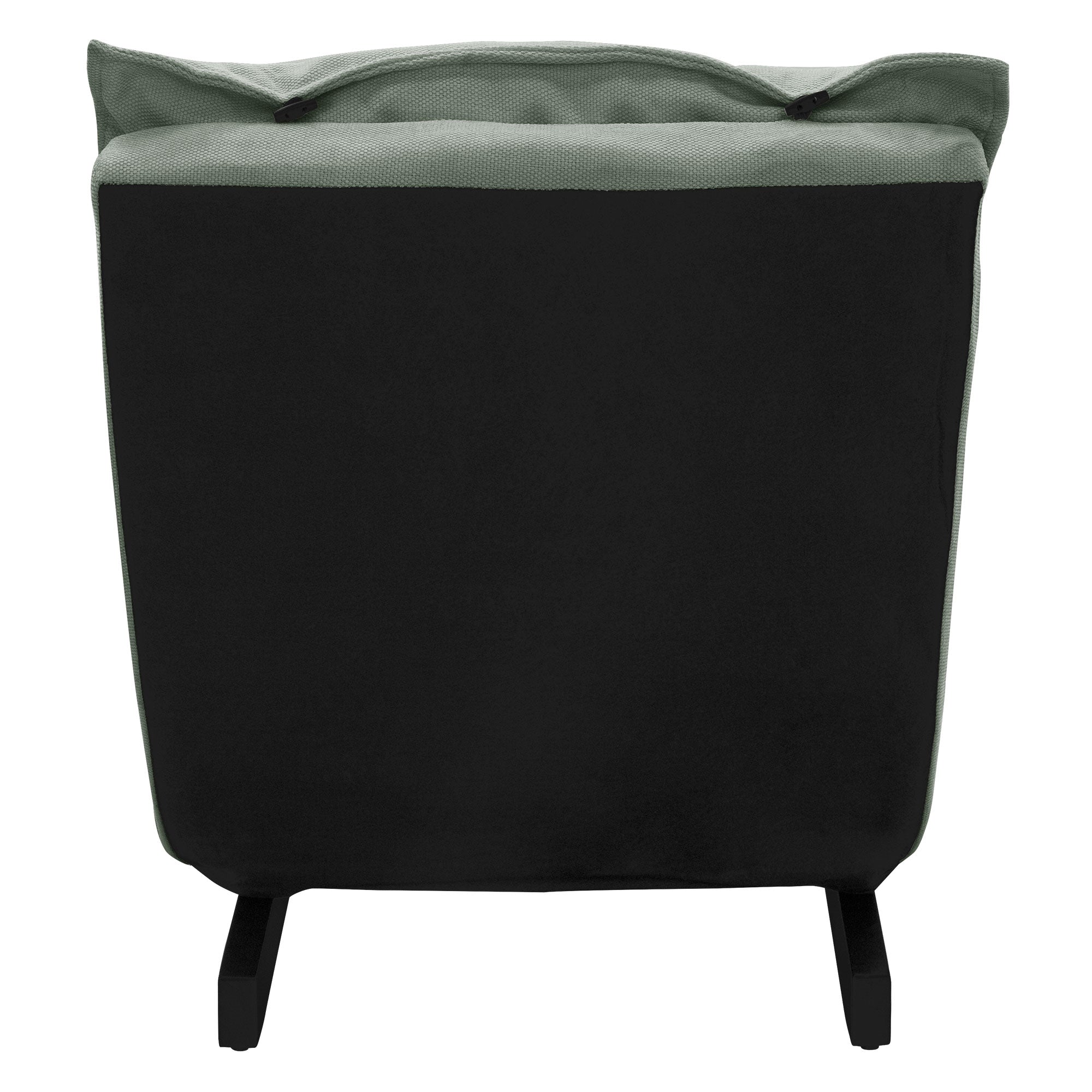 Vue arrière d'un fauteuil avec tissu noir et gris.