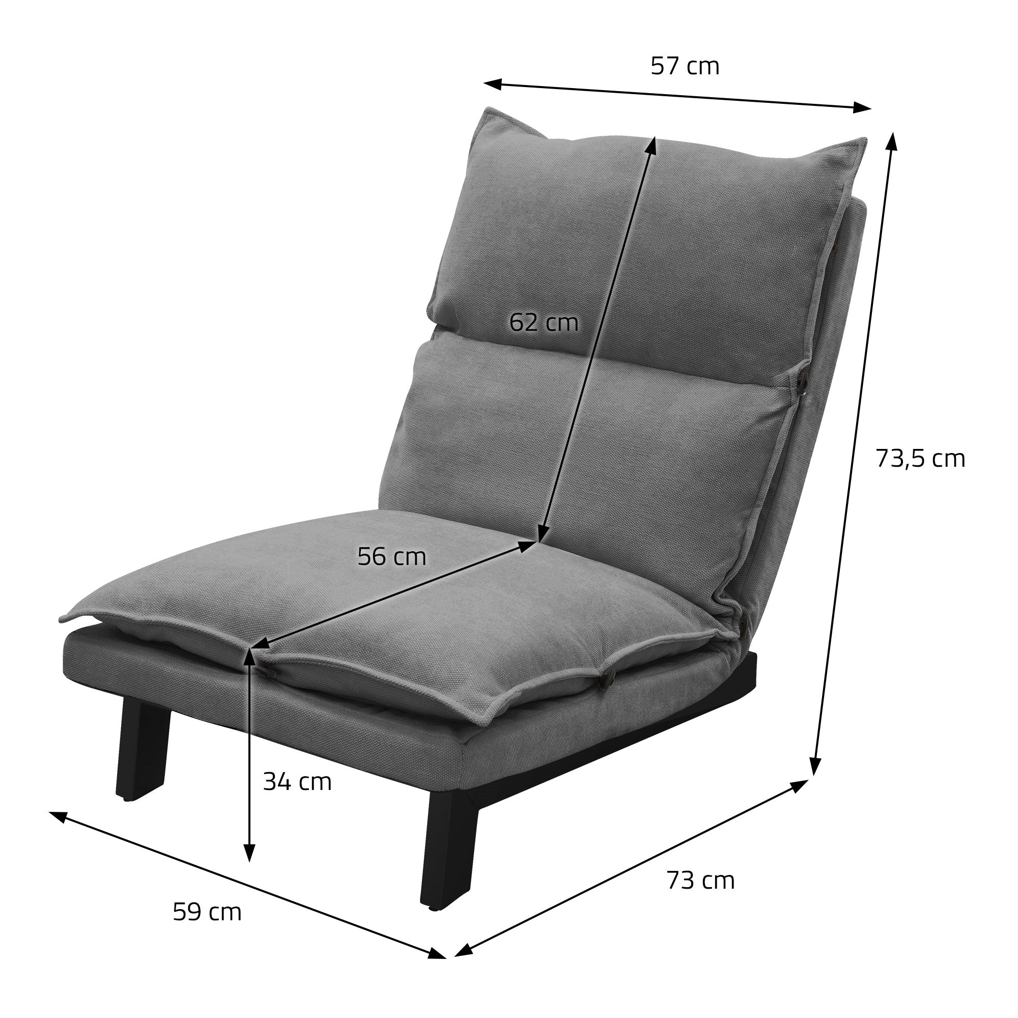 Grauer Sessel mit Maßen: 57 cm Breite, 73,5 cm Höhe, 73 cm Tiefe.