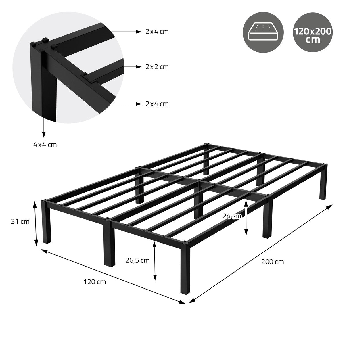 Zwart bedframe met afmetingen 120x200 cm en stevige metalen spijlen.