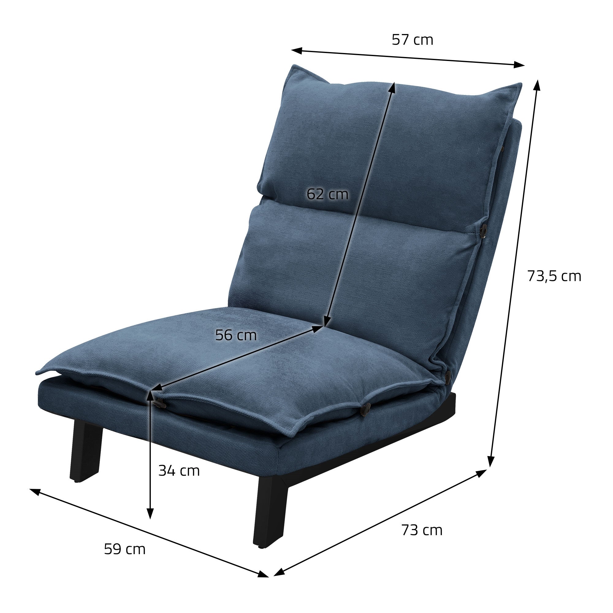 Blauwe stoel met afmetingen: 57 cm breed, 73,5 cm hoog, 73 cm diep.