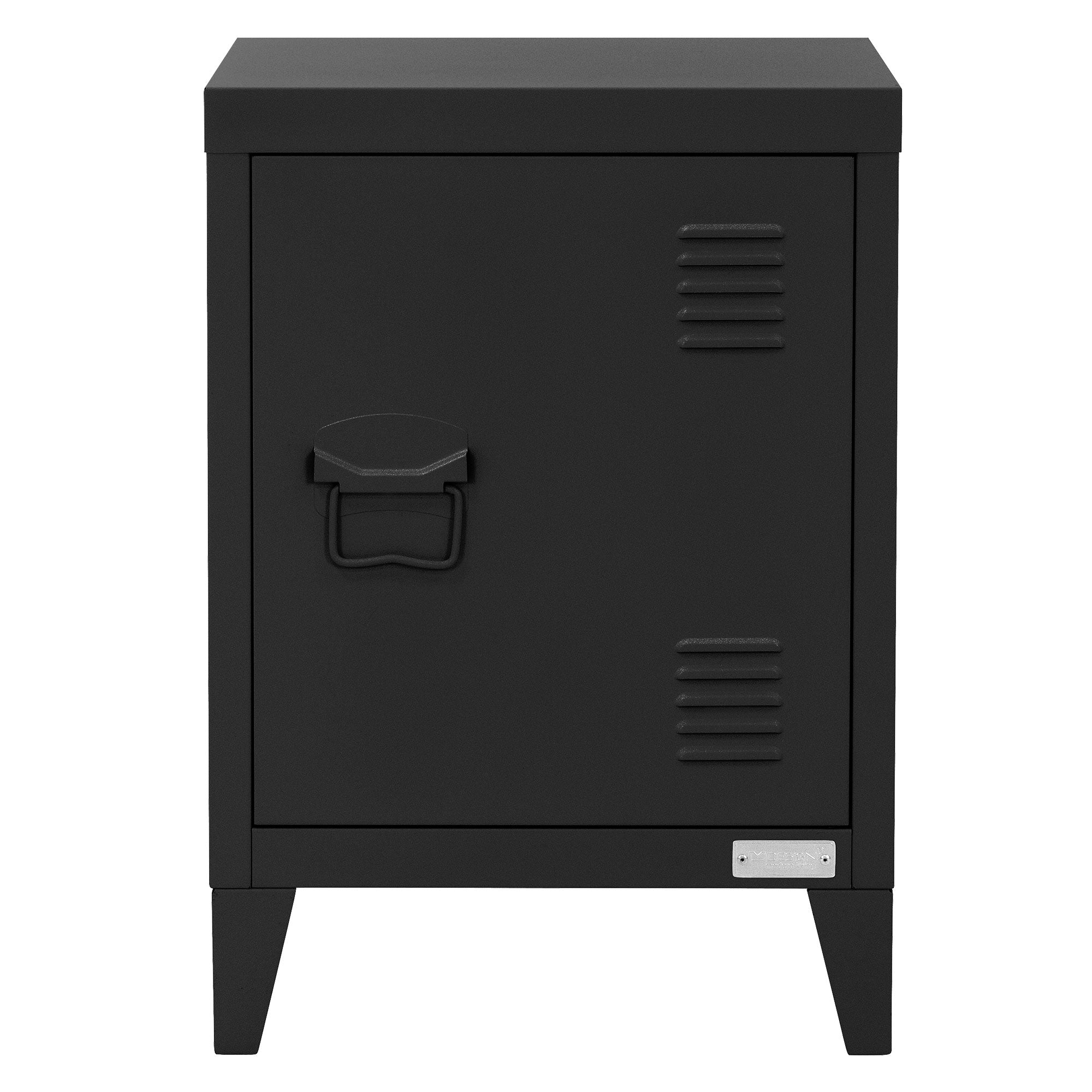 Une table de nuit noire avec une porte et une poignée, reposant sur quatre pieds.