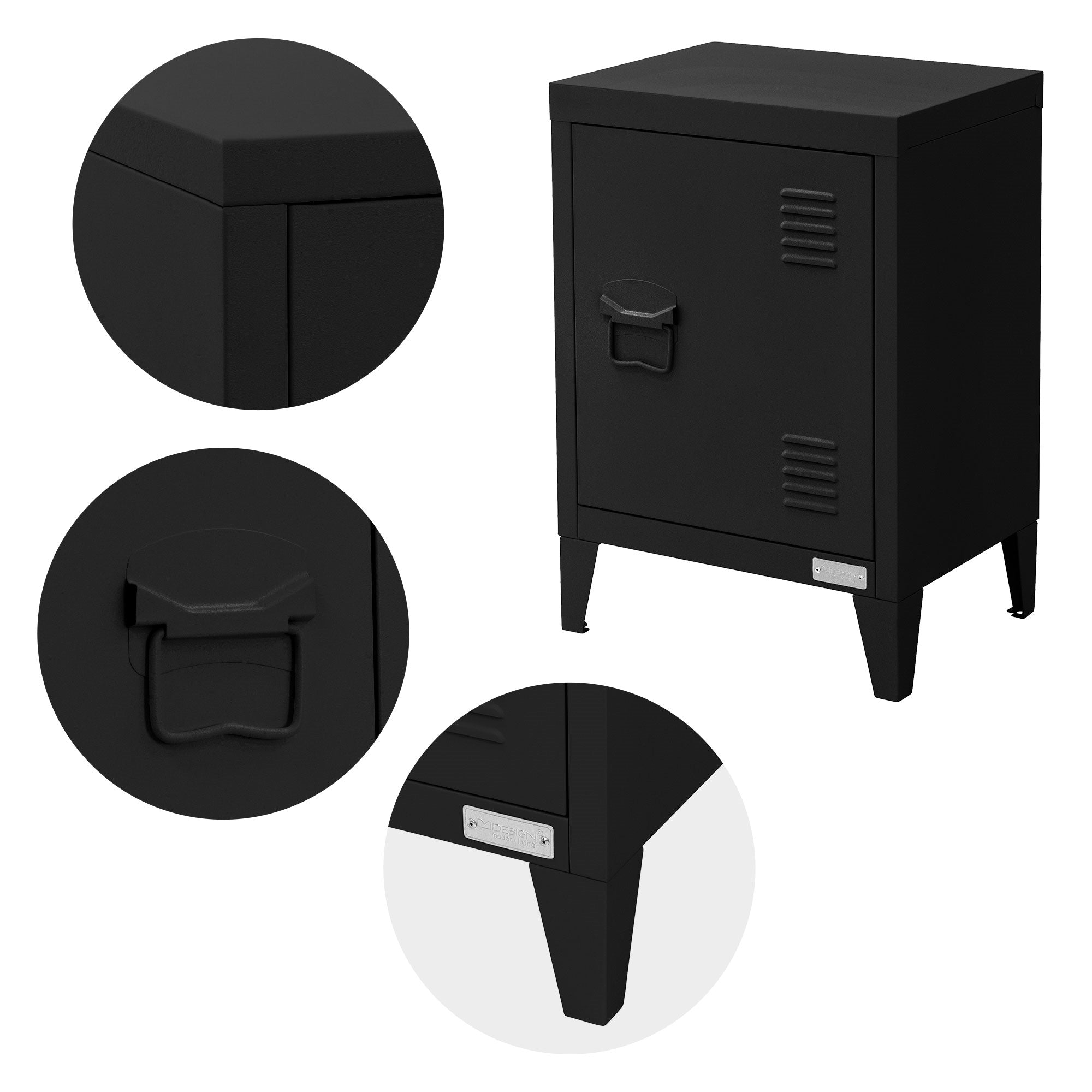 Black nightstand with a door and a shelf, shown from different angles.