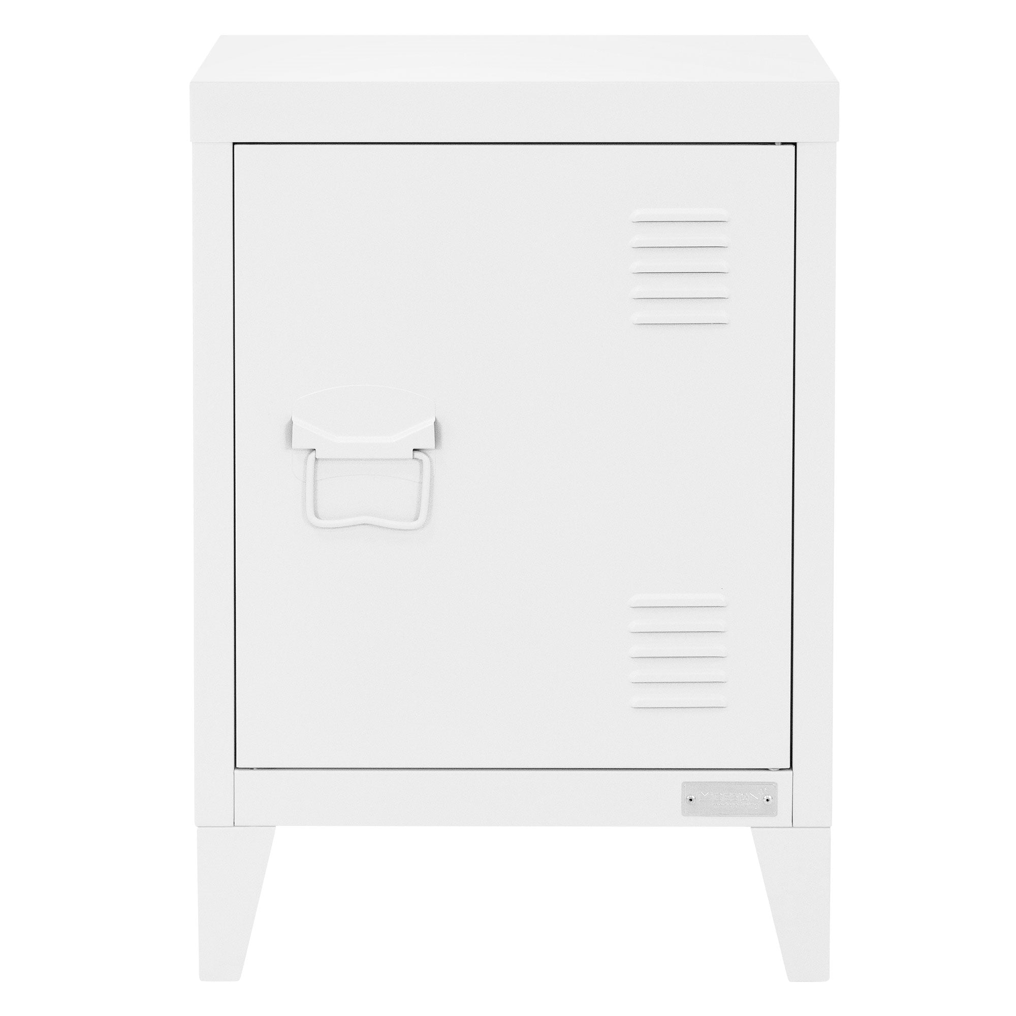 Un comodino bianco con una porta chiusa e una maniglia.