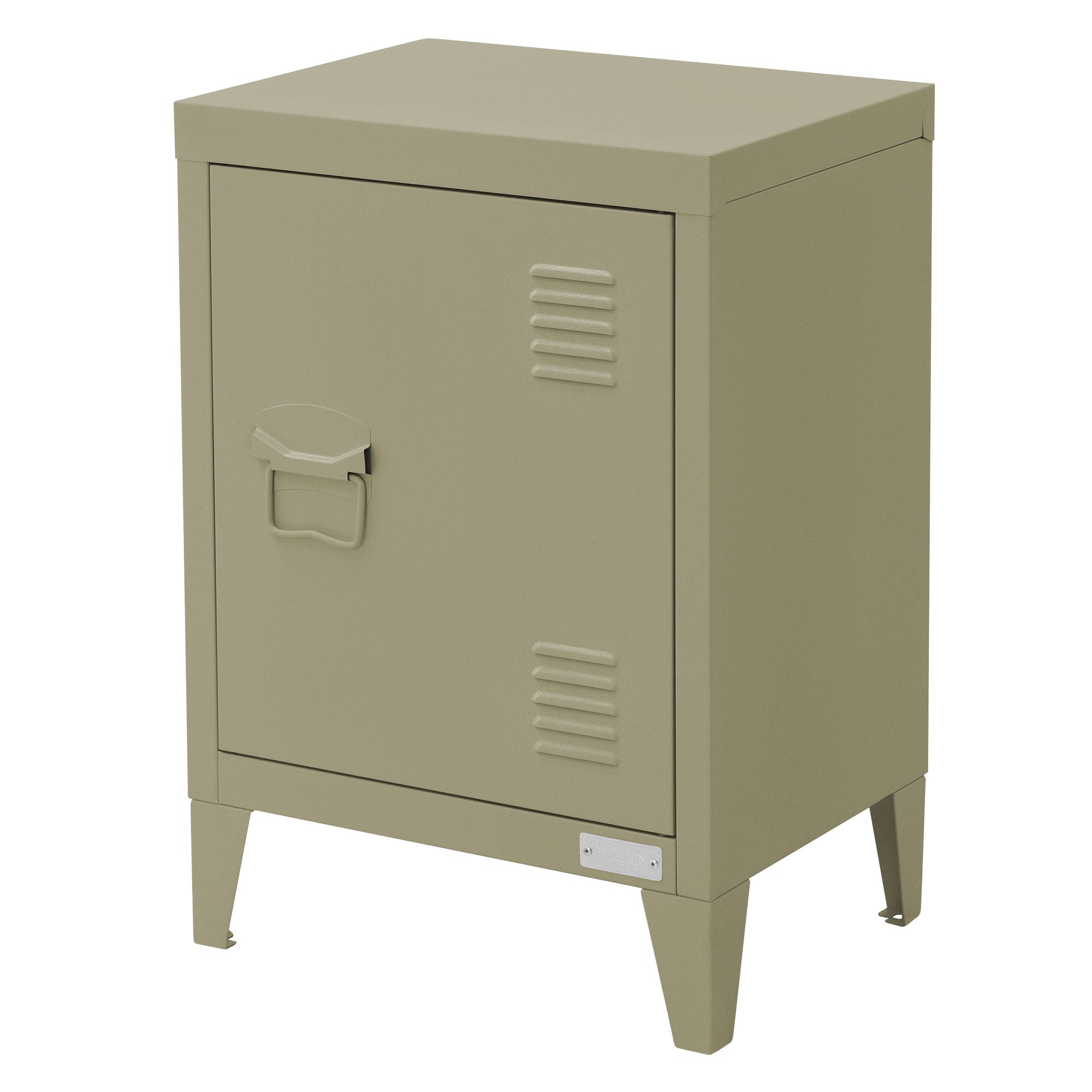 Armadio metallico beige con porta chiusa su sfondo bianco.