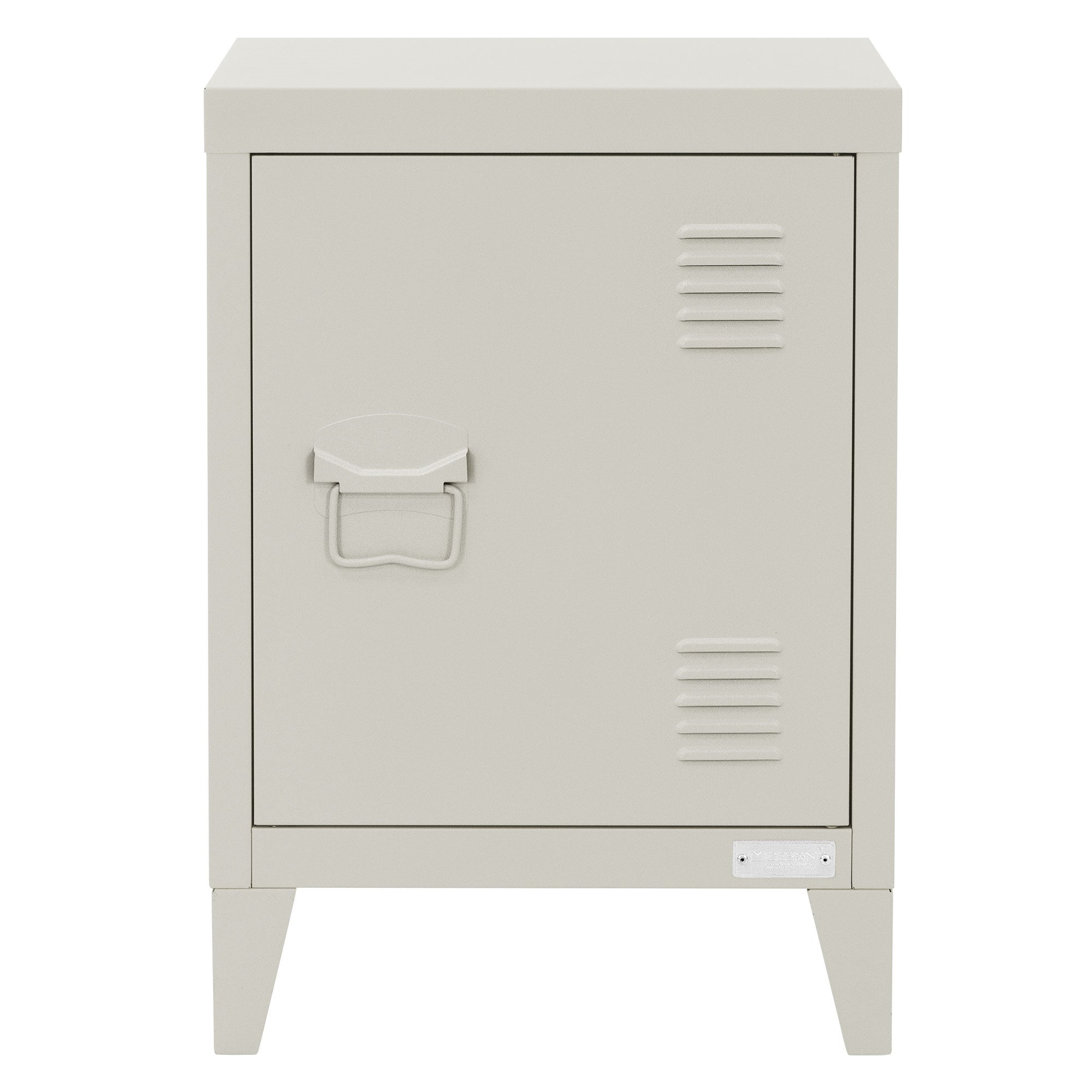 Comodino grigio con una porta e una maniglia.