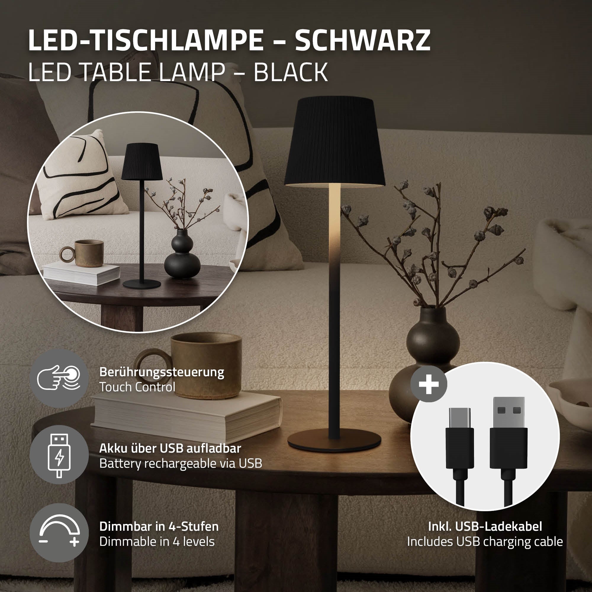 Black LED table lamp with touch control and USB charging cable.