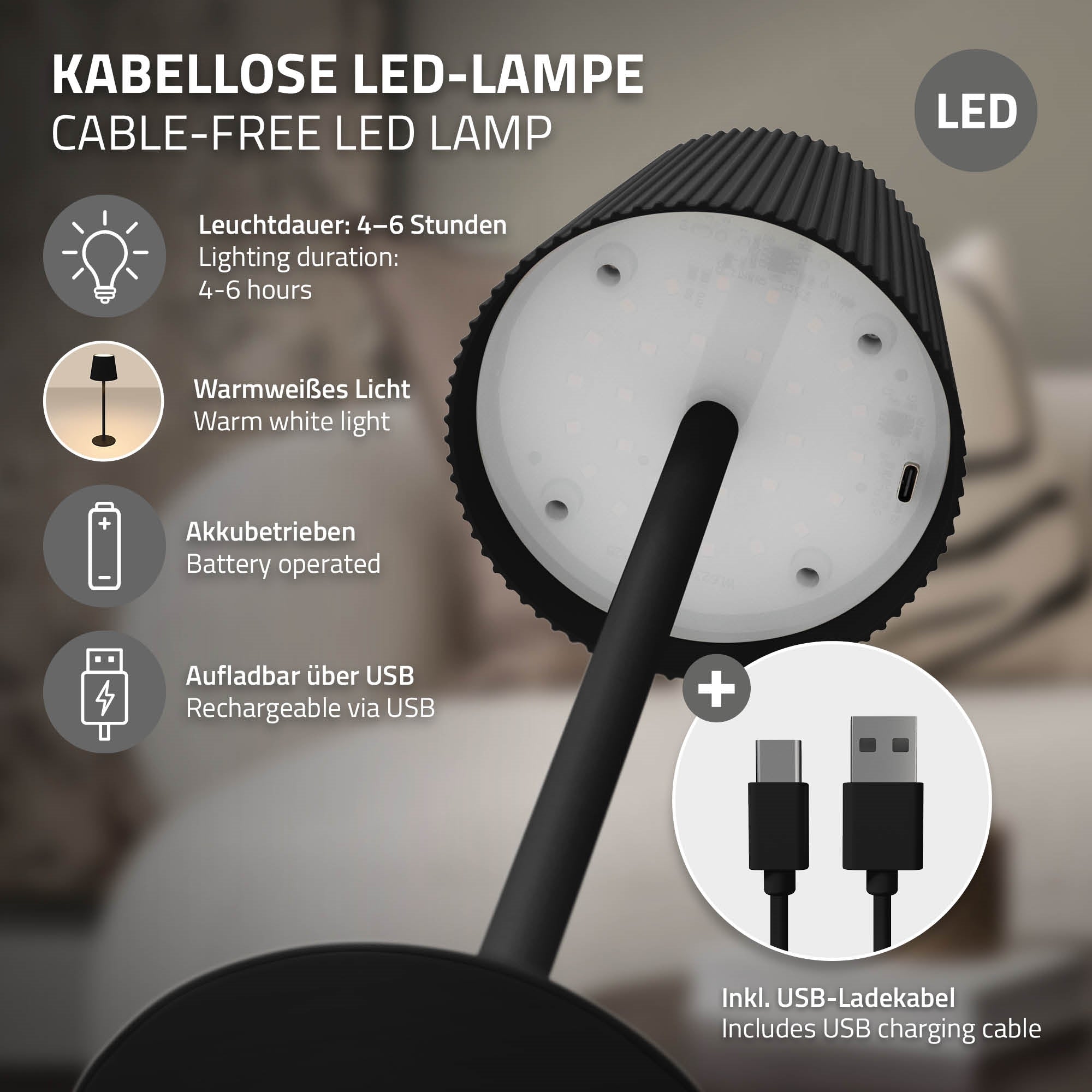 Schwarze, kabellose LED-Lampe mit Touch-Steuerung und USB-Ladeanschluss.