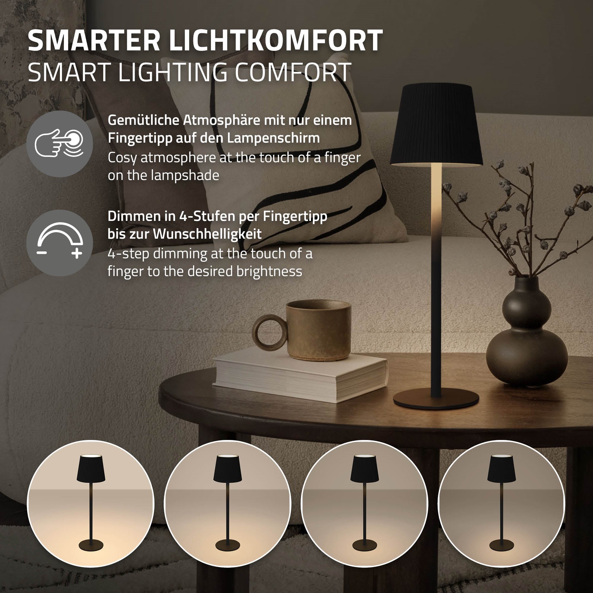 Stehlampe auf einem Tisch mit einer Kaffeetasse und verschiedenen Lichtstufen.