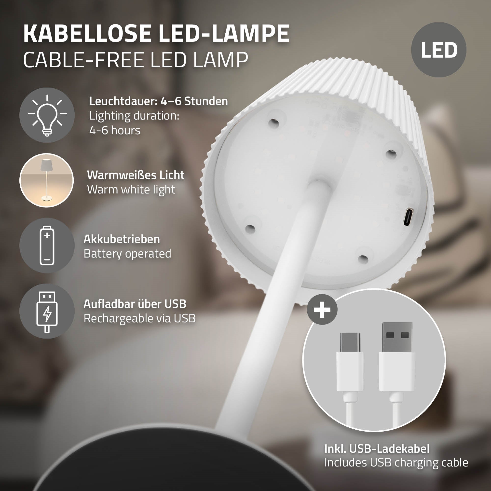 Wireless LED lamp with USB charging port and battery operation.