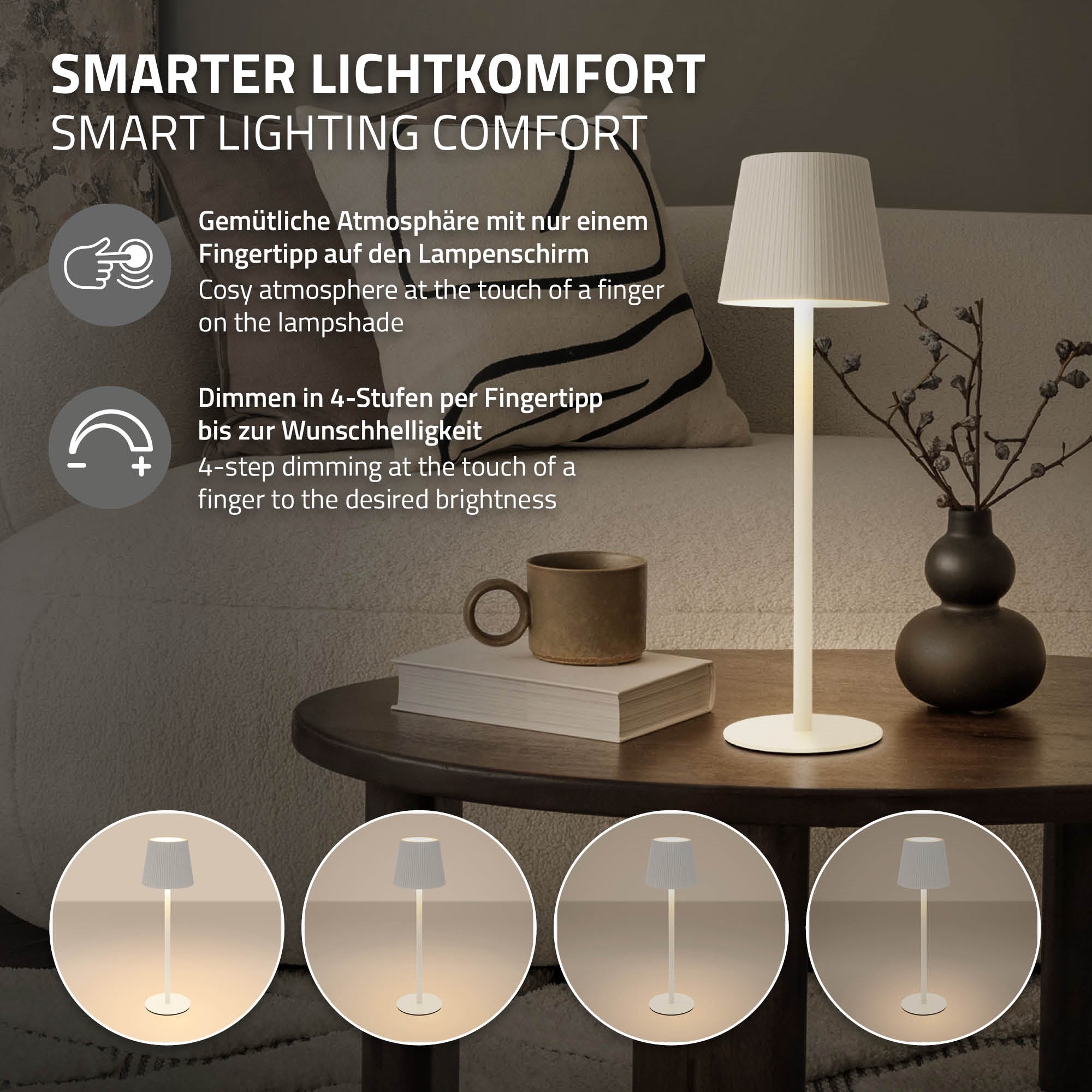 Floor lamp on a table, surrounded by a mug and a cozy atmosphere.