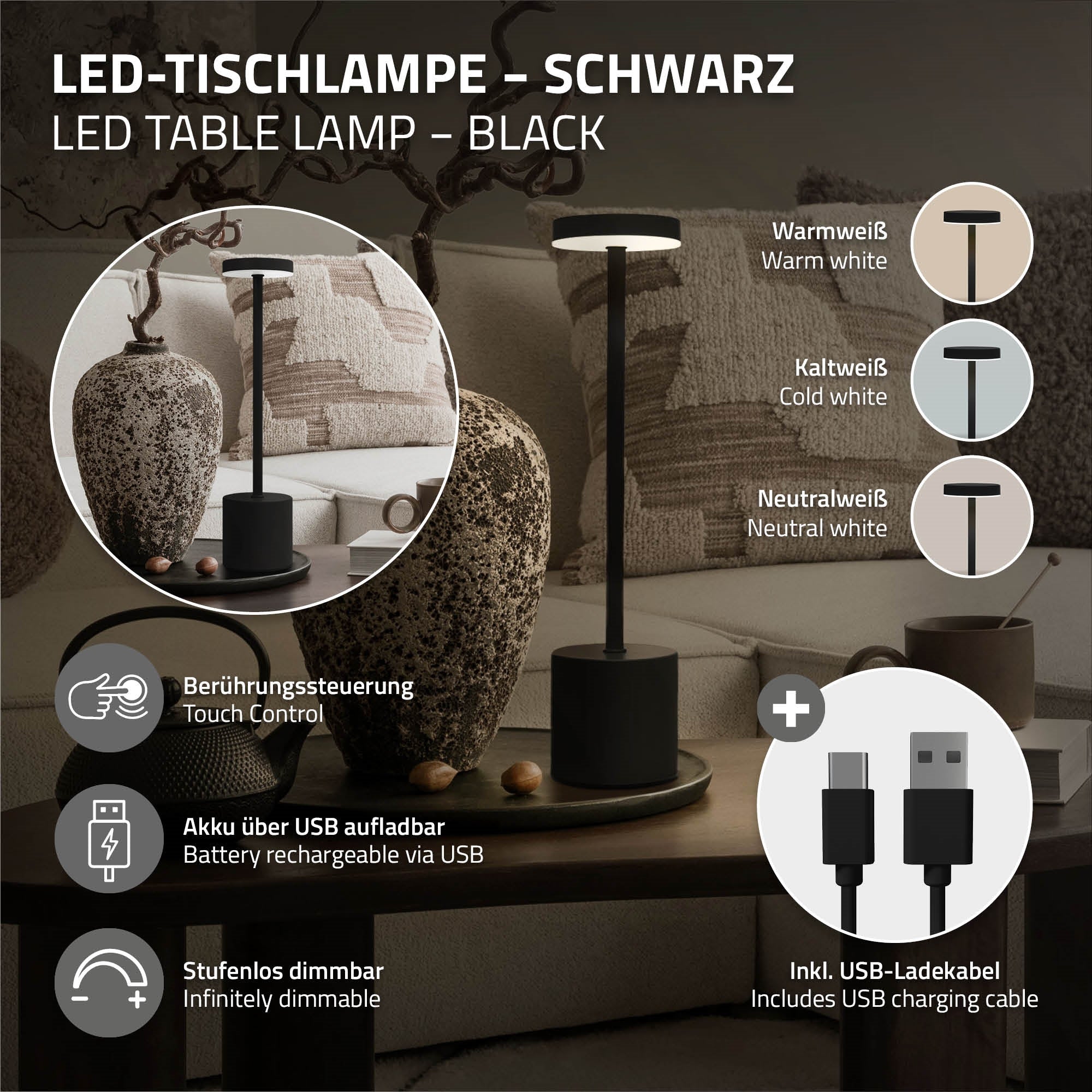 Black LED table lamp with touch control and USB charging port.