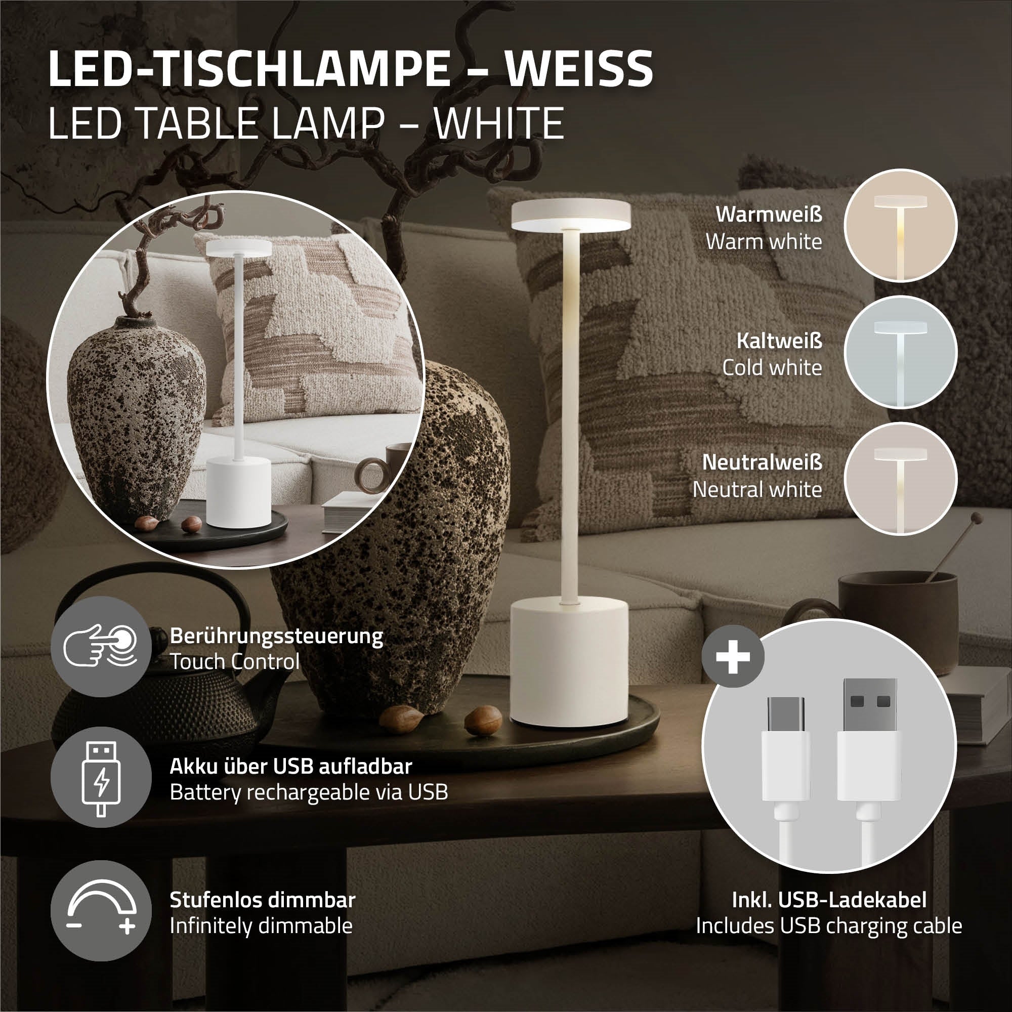 White LED table lamp with touch control and USB charging port.