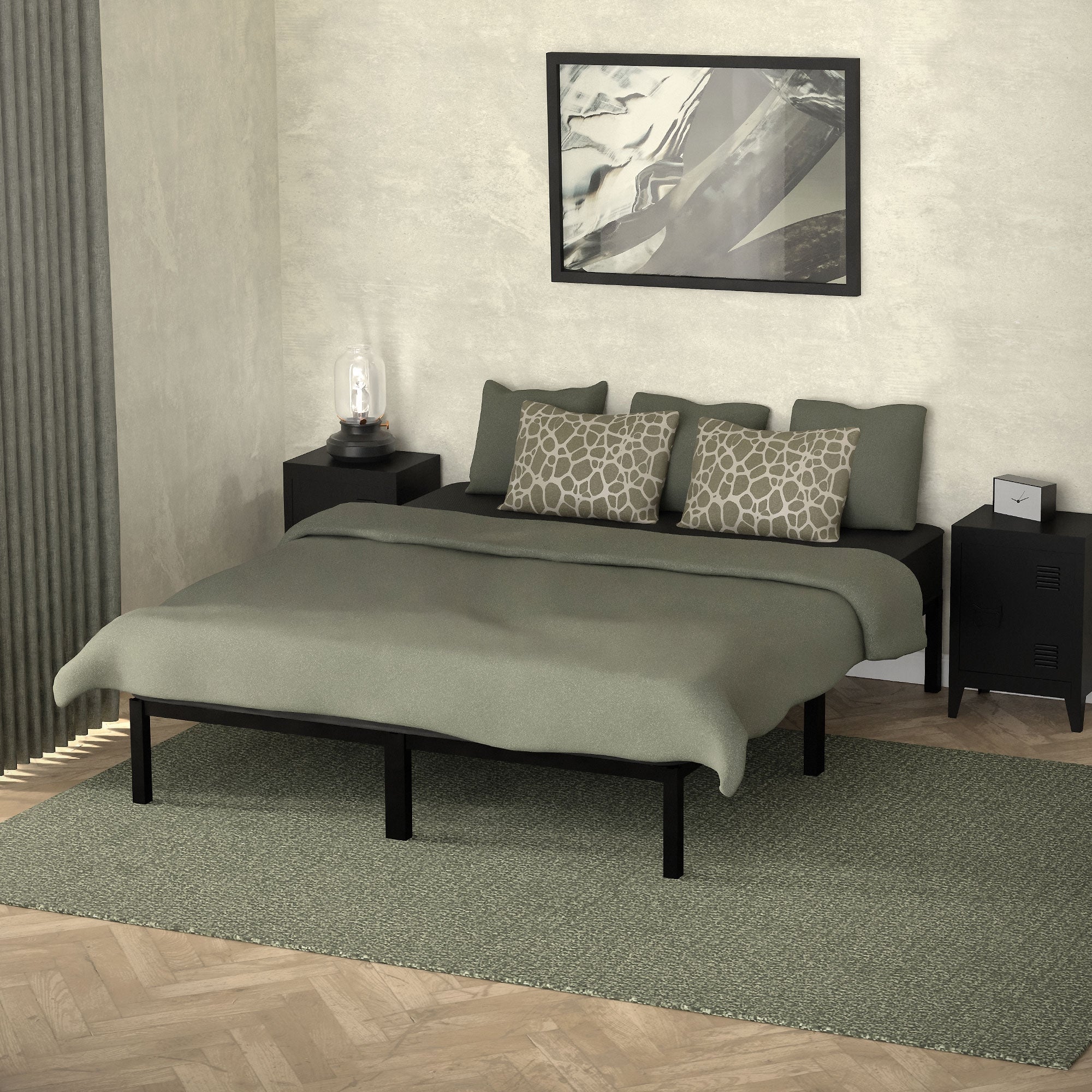 Schlafzimmer mit Bett, Kissen, Nachttischen und einem Bild an der Wand.