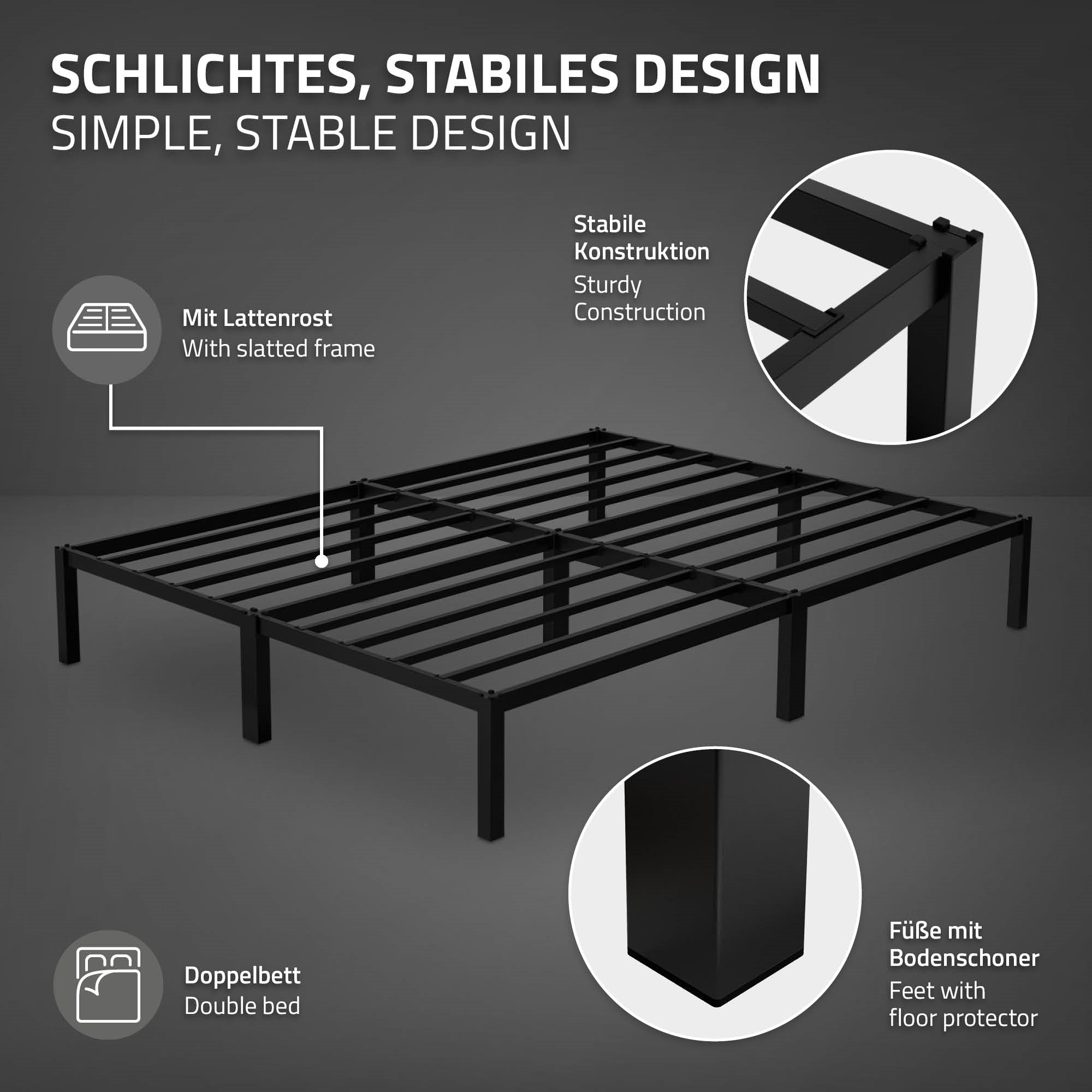 Schwarzes Bettgestell mit stabiler Konstruktion und Lattenträger.