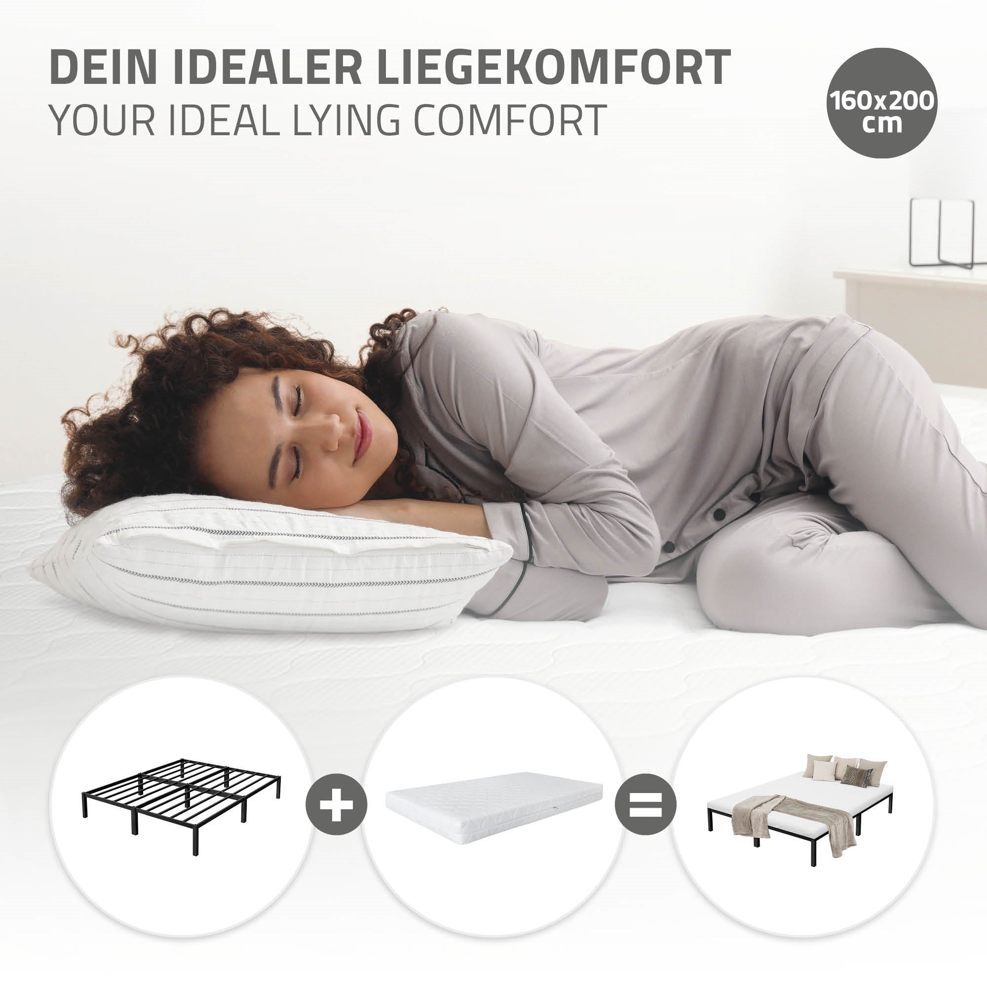 Eine schlafende Person auf einem Bett mit Kopfkissen, umgeben von Bettwäsche.