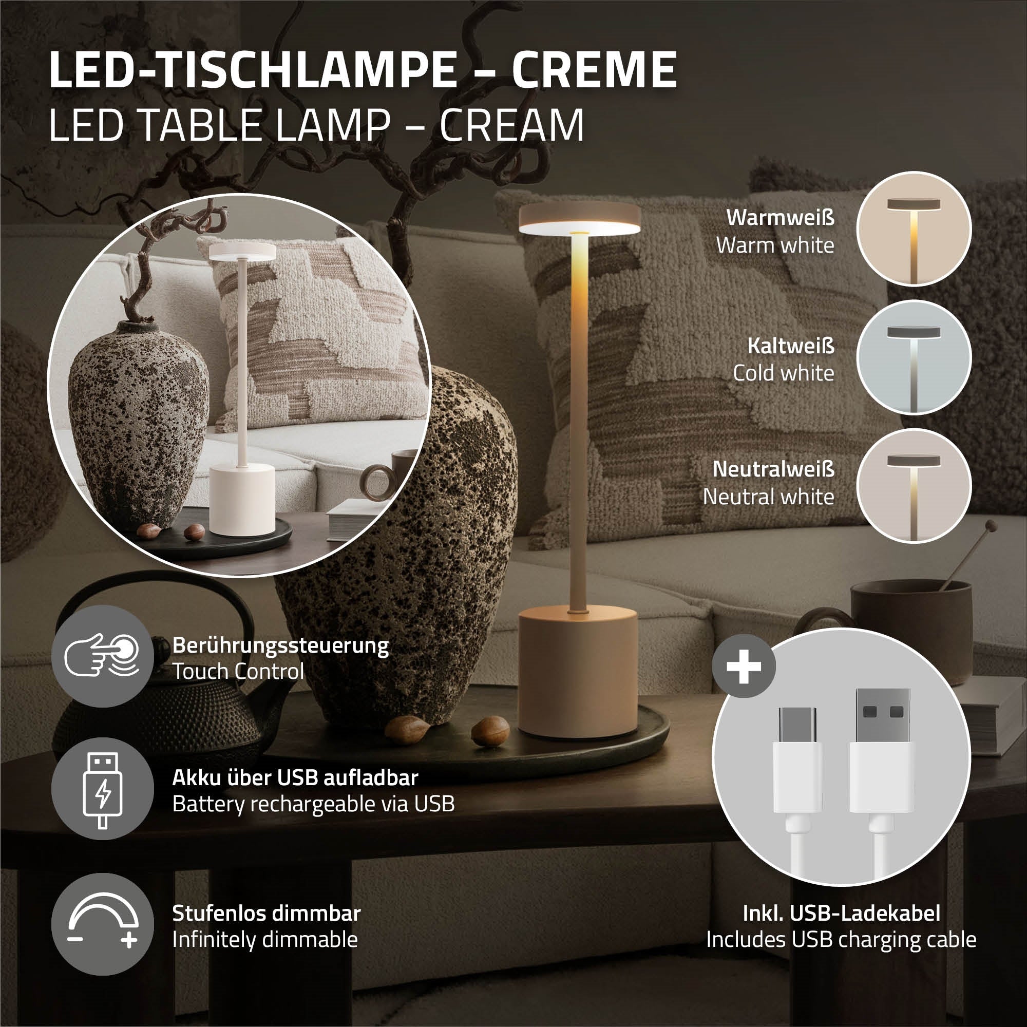 LED table lamp in cream with touch control and USB charging port.