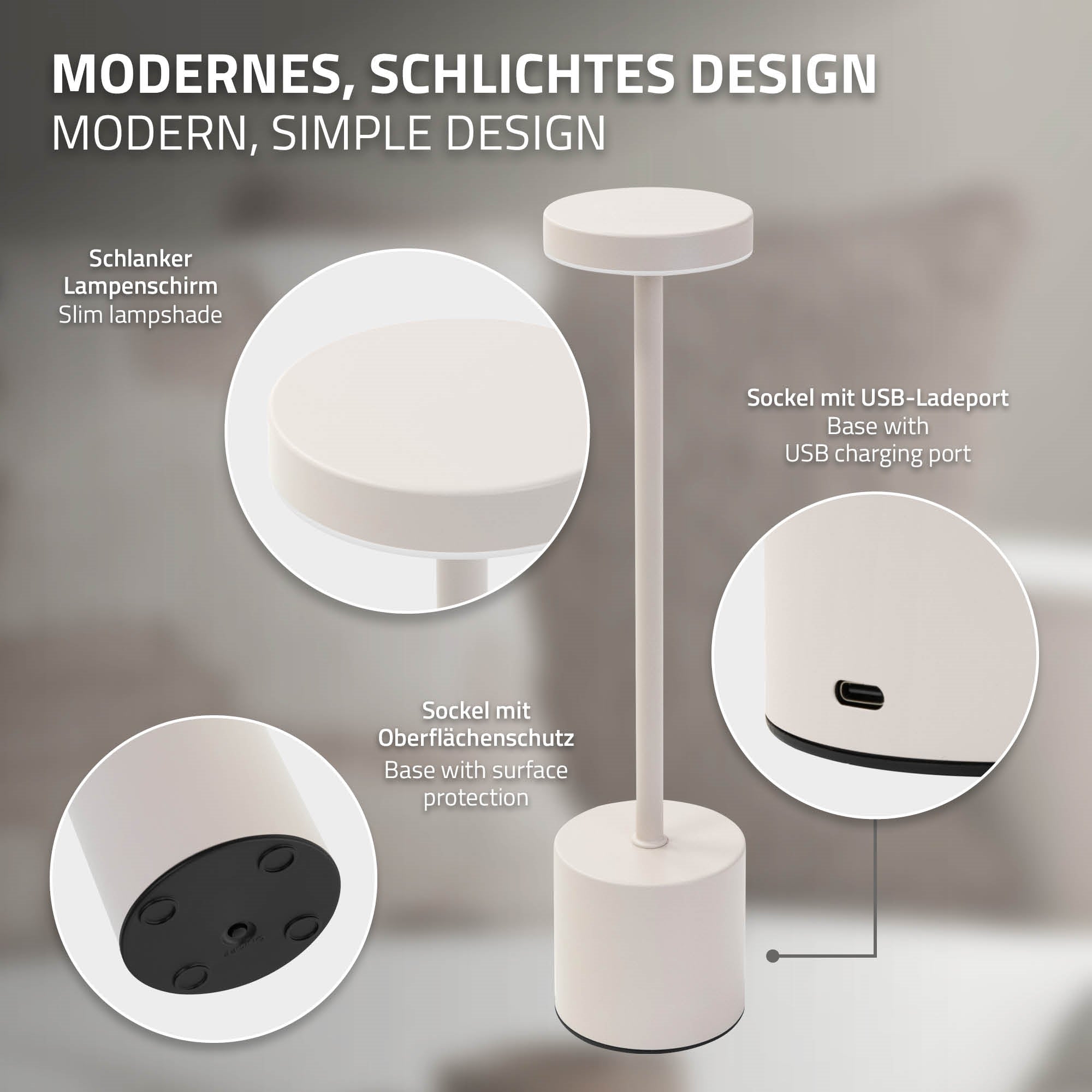 Moderne Stehlampe mit schlankem Design und USB-Ladeanschluss.