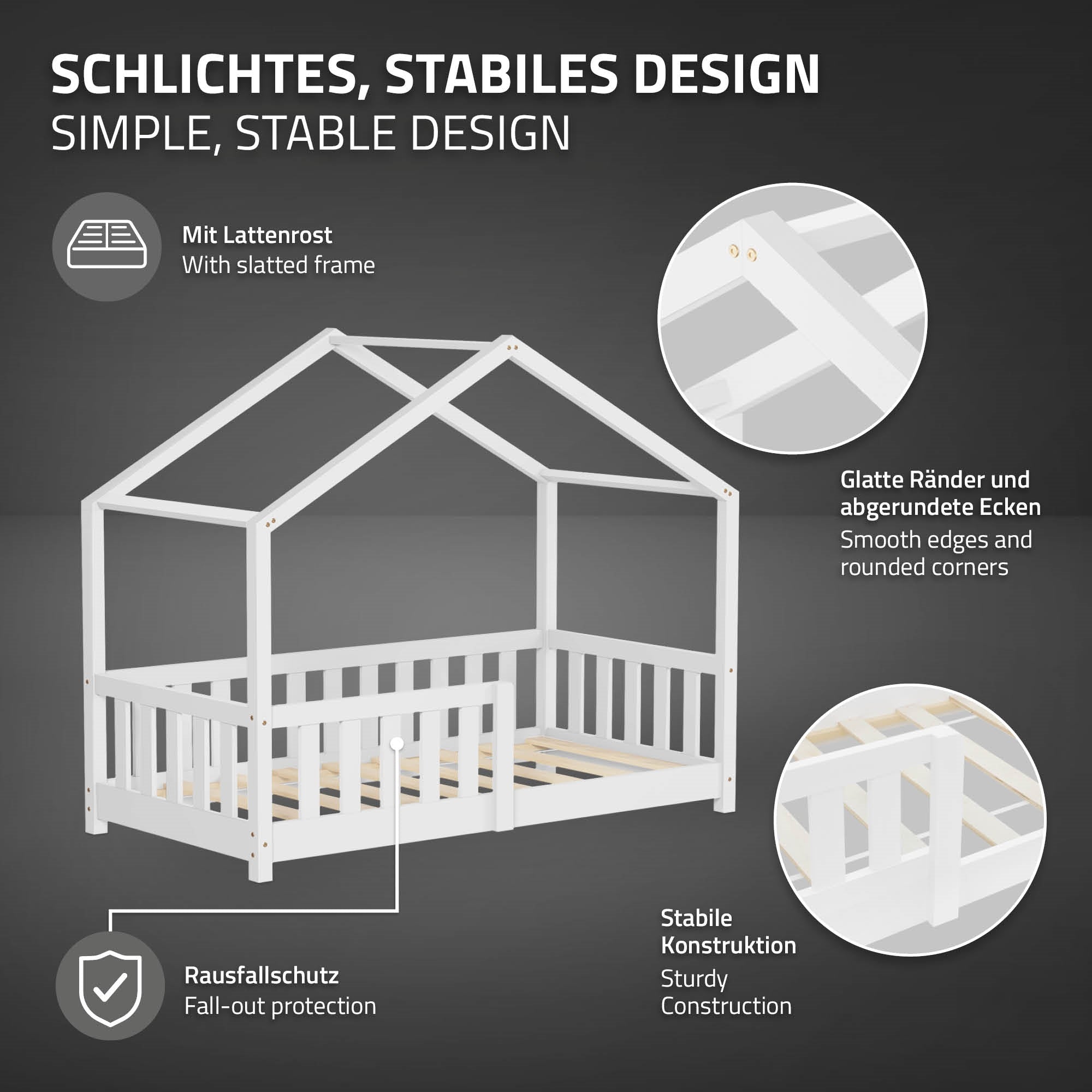 Grafik mit einem stabilen Kinderbett und den Eigenschaften des Designs.