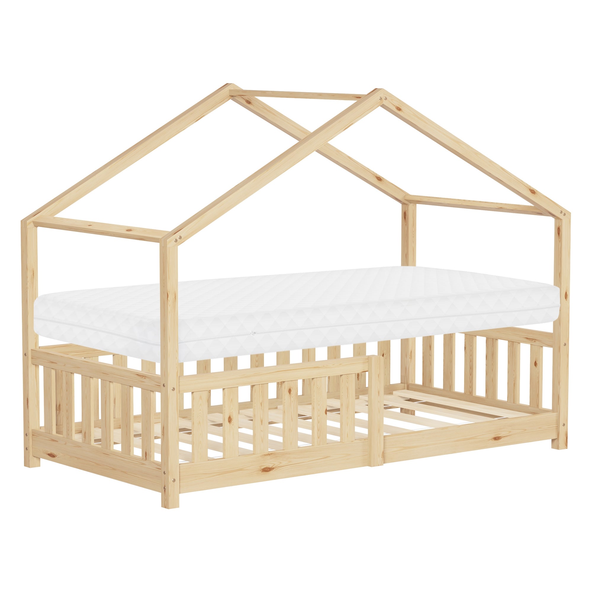Holzrahmenbett mit Matratze und offener Struktur.