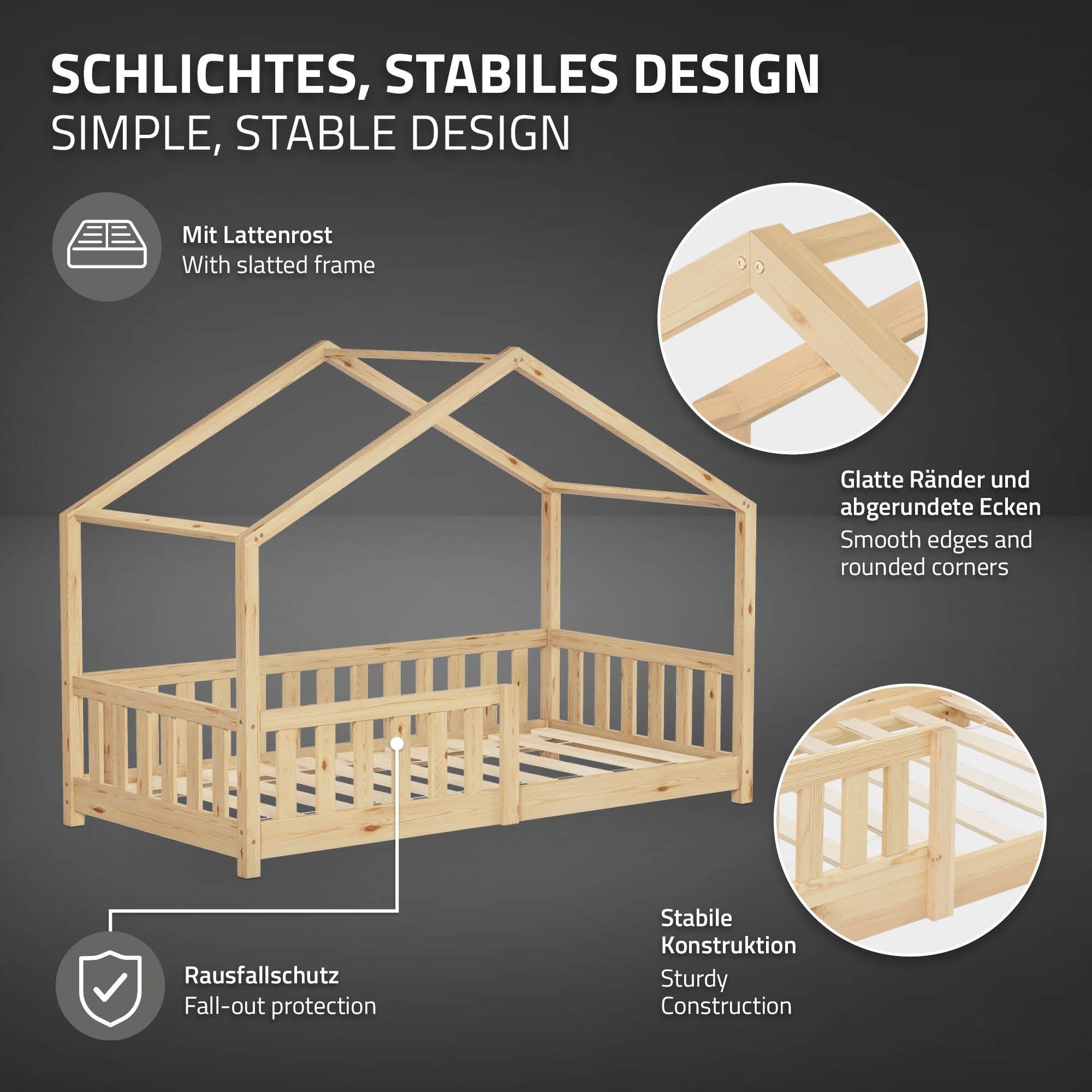 Holz-Kinderbett mit Dach, stabiler Rahmen und glatten Kanten.