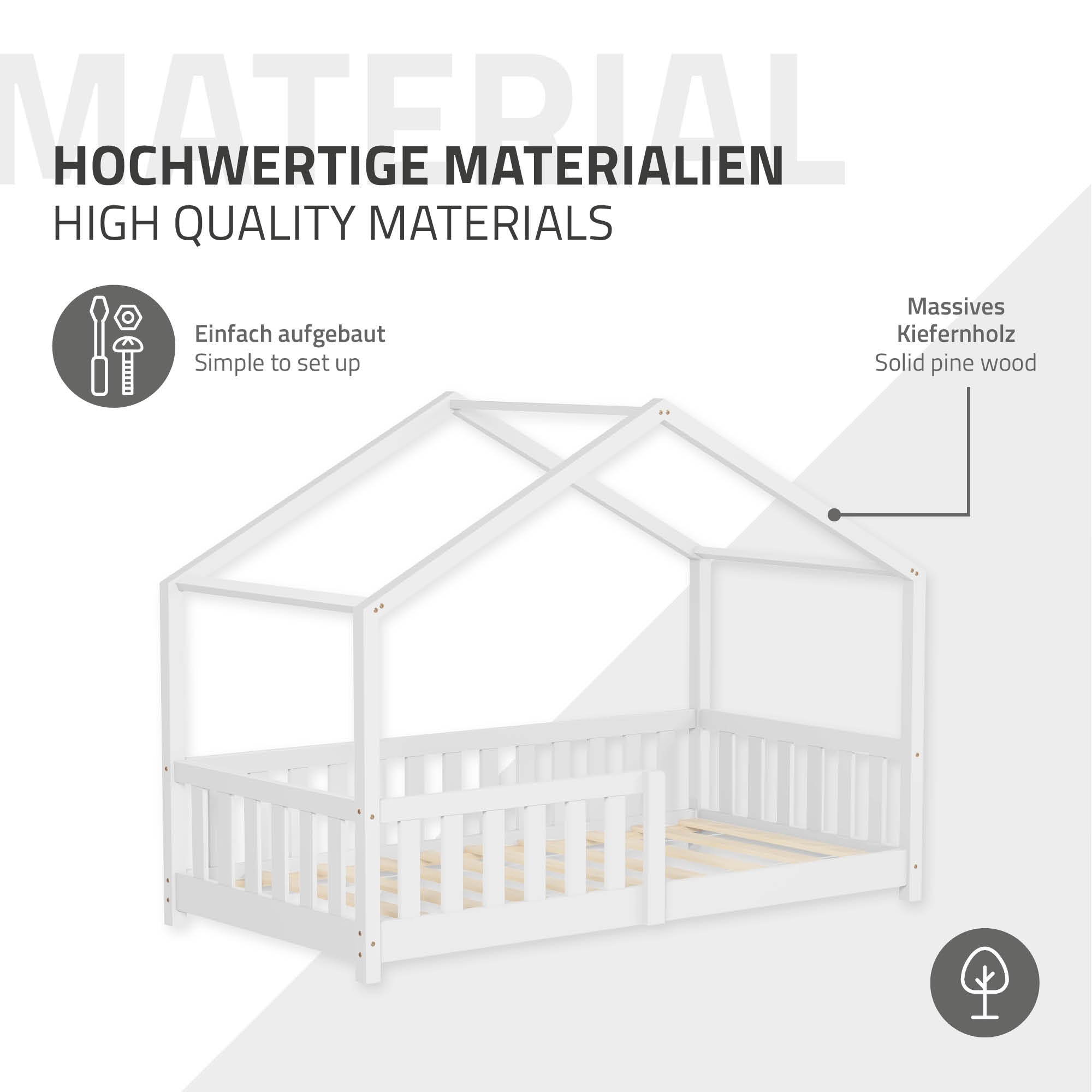 Ein Kinderbett aus massivem Kiefernholz mit Dachstruktur.