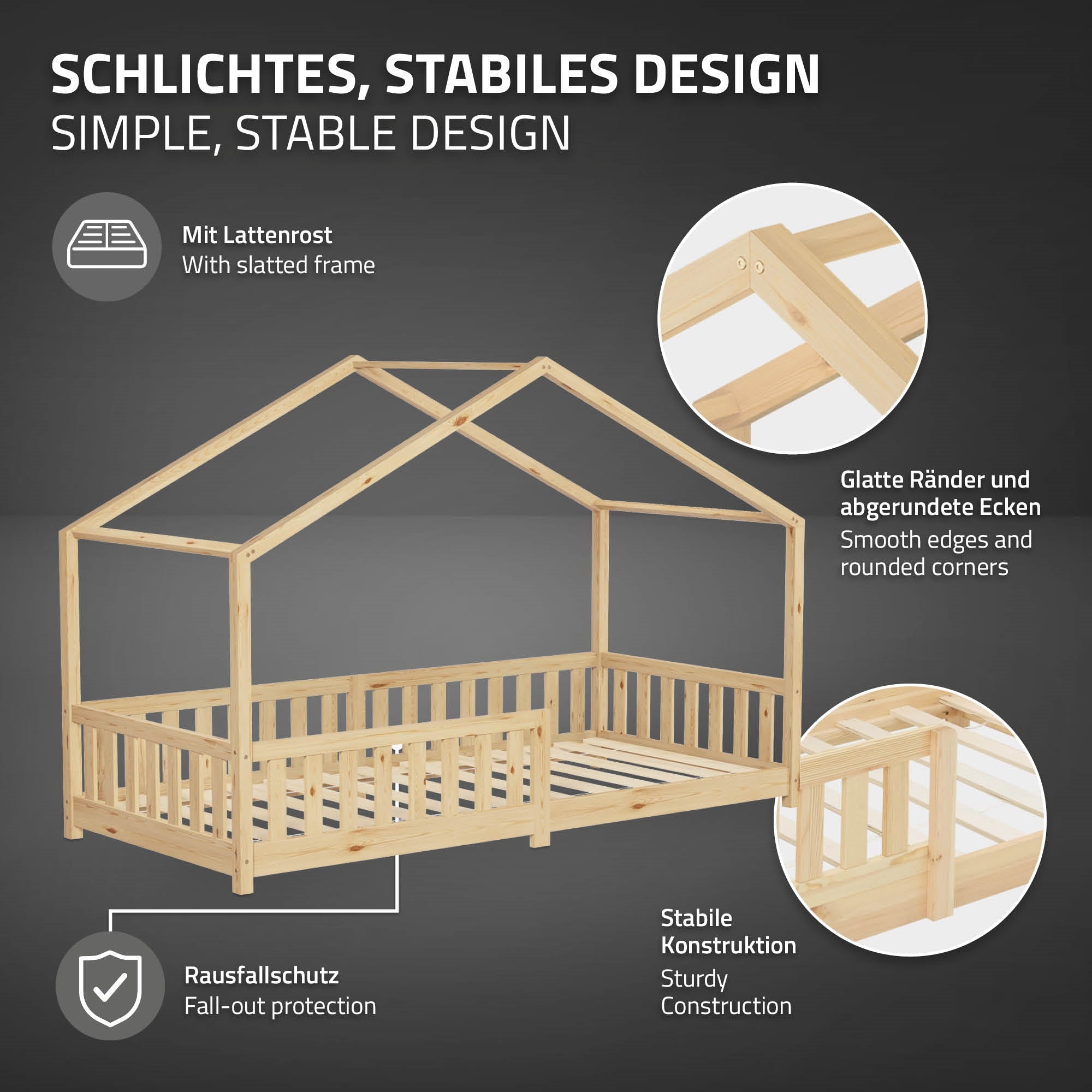 Holz-Kinderbett mit Dach, stabiler Rahmen und glatten Kanten.