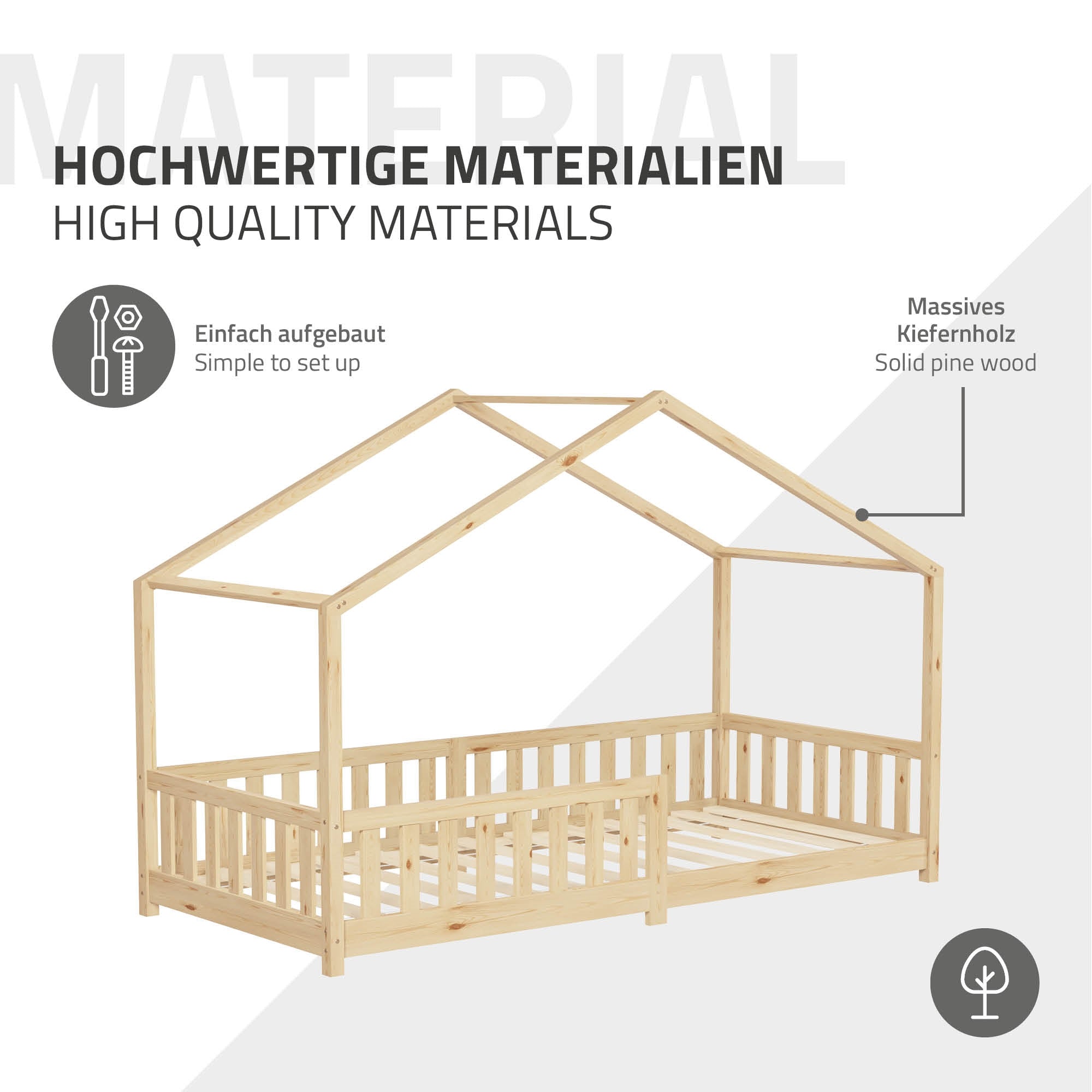 Ein Kinderbett in Hausform aus massivem Kiefernholz mit Montagehinweisen.