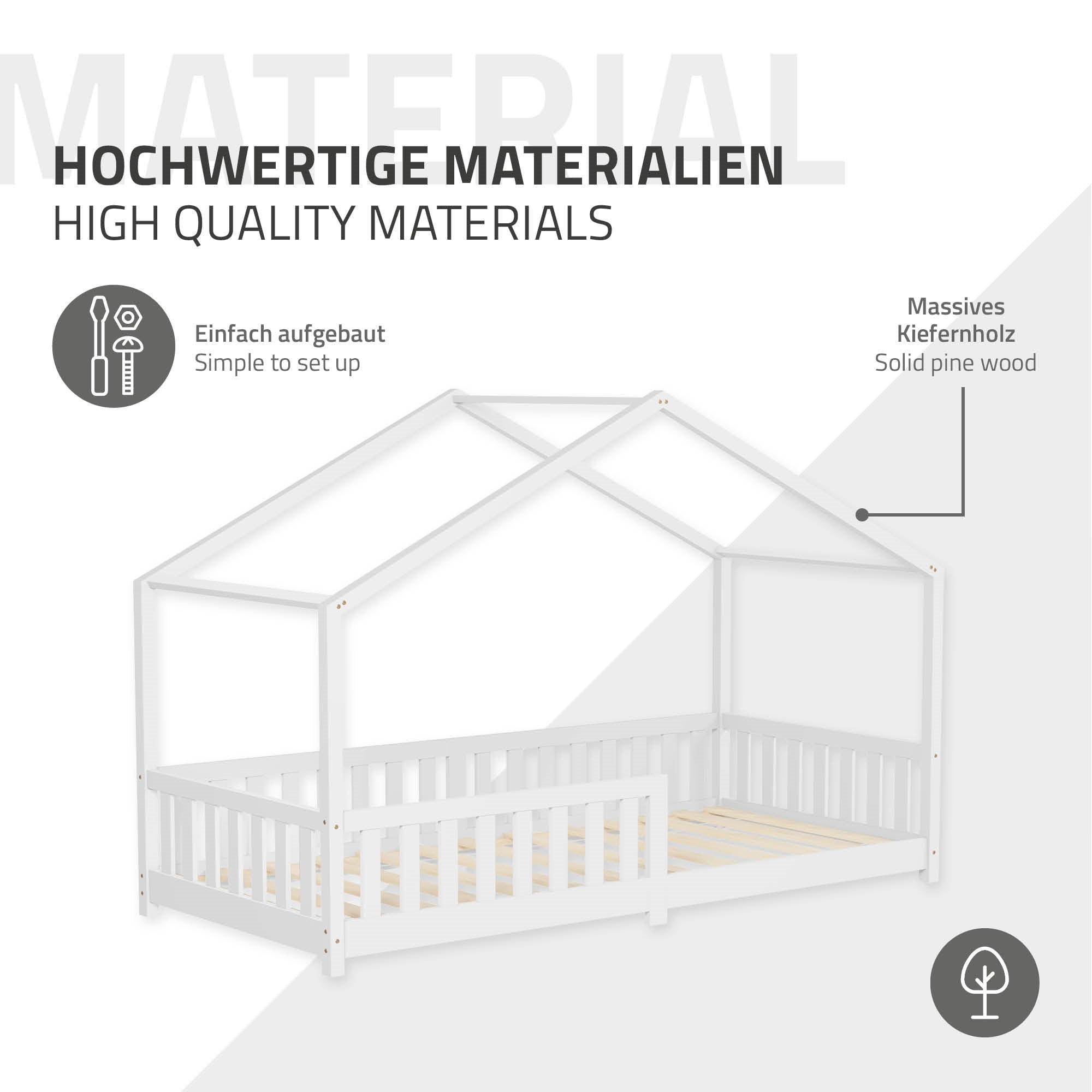 Ein Kinderbett aus massivem Kiefernholz mit einem offenen Design.