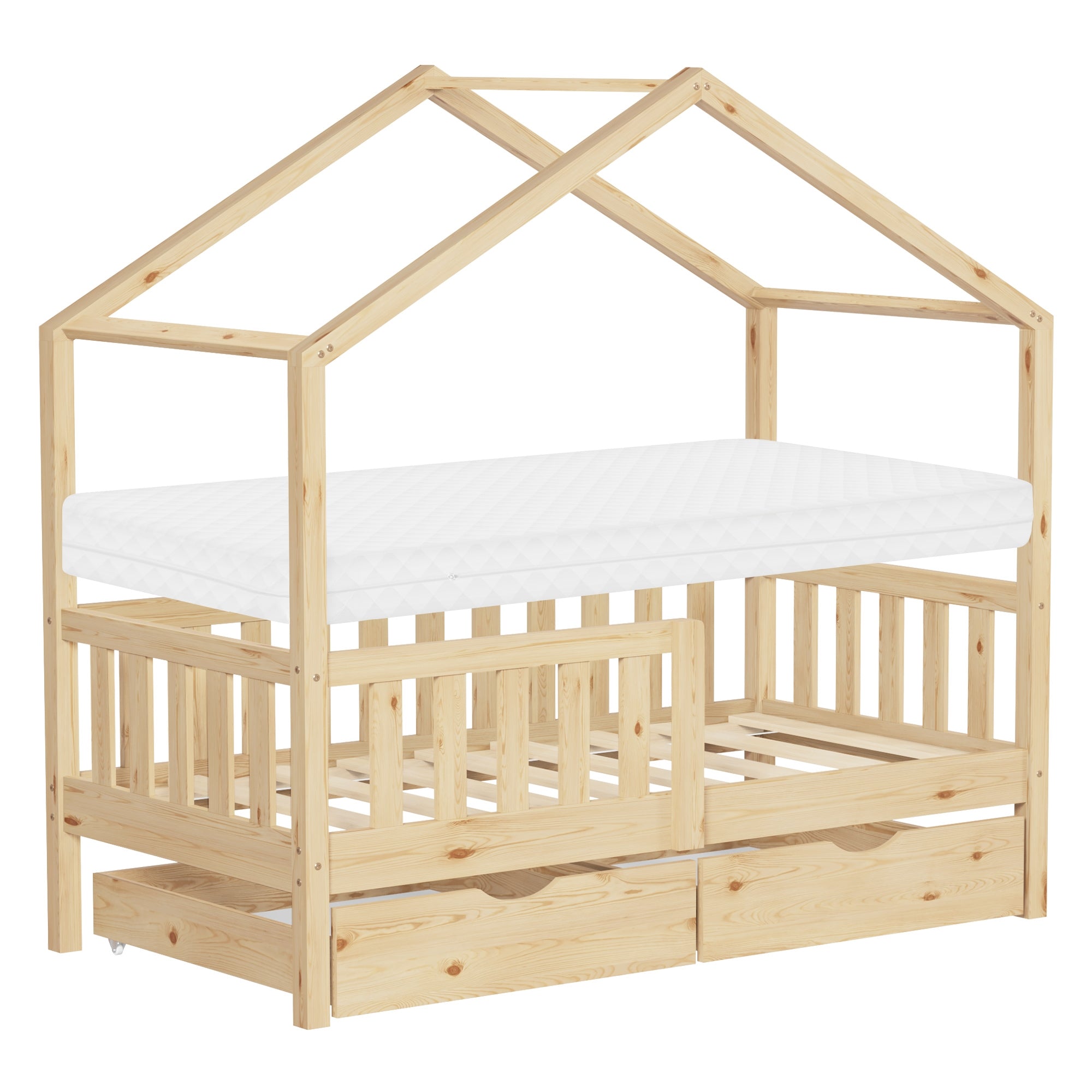 Houtkleurig kinderbed in huisontwerp met matras en lades.