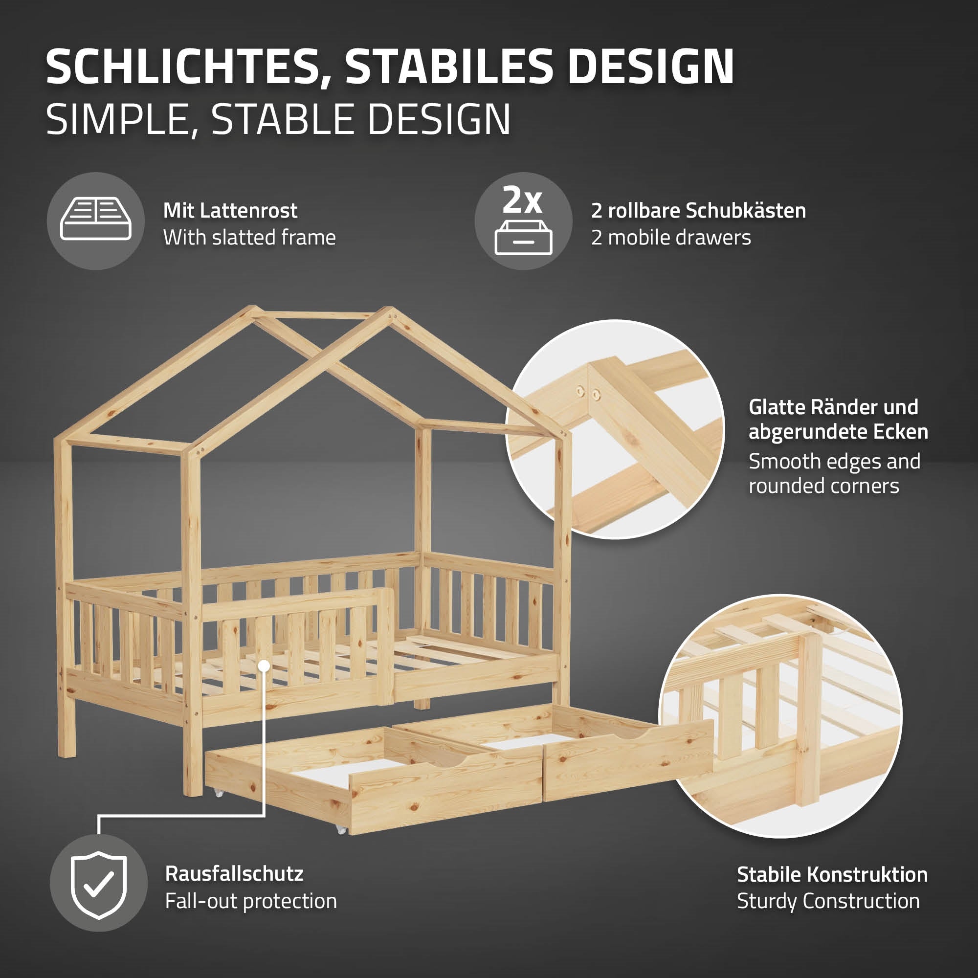 Bett mit schrägem Dach, zwei Schubladen und abgerundeten Ecken.