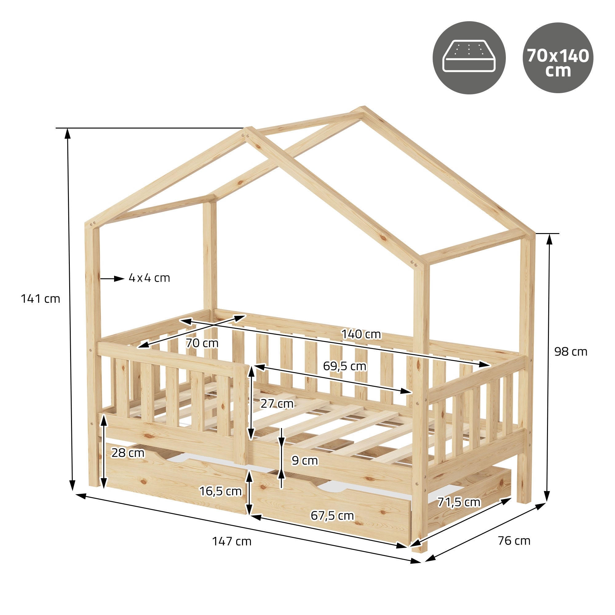 Technische tekening van een kinderbed met maatgegevens in cm.