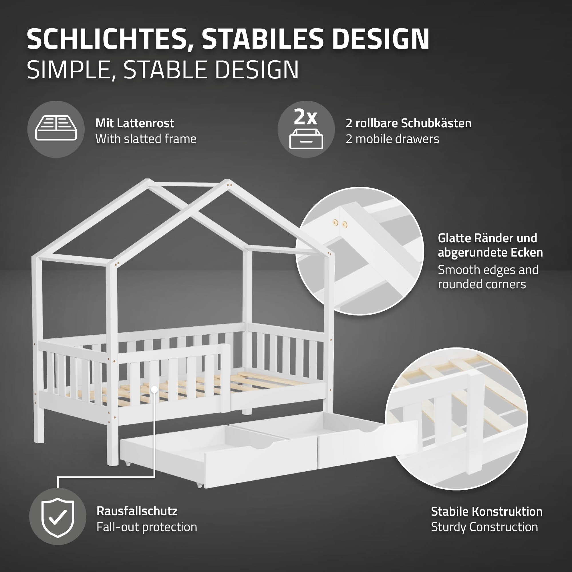 Weißes Holz-Bett mit Schubladen und stabiler Konstruktion.