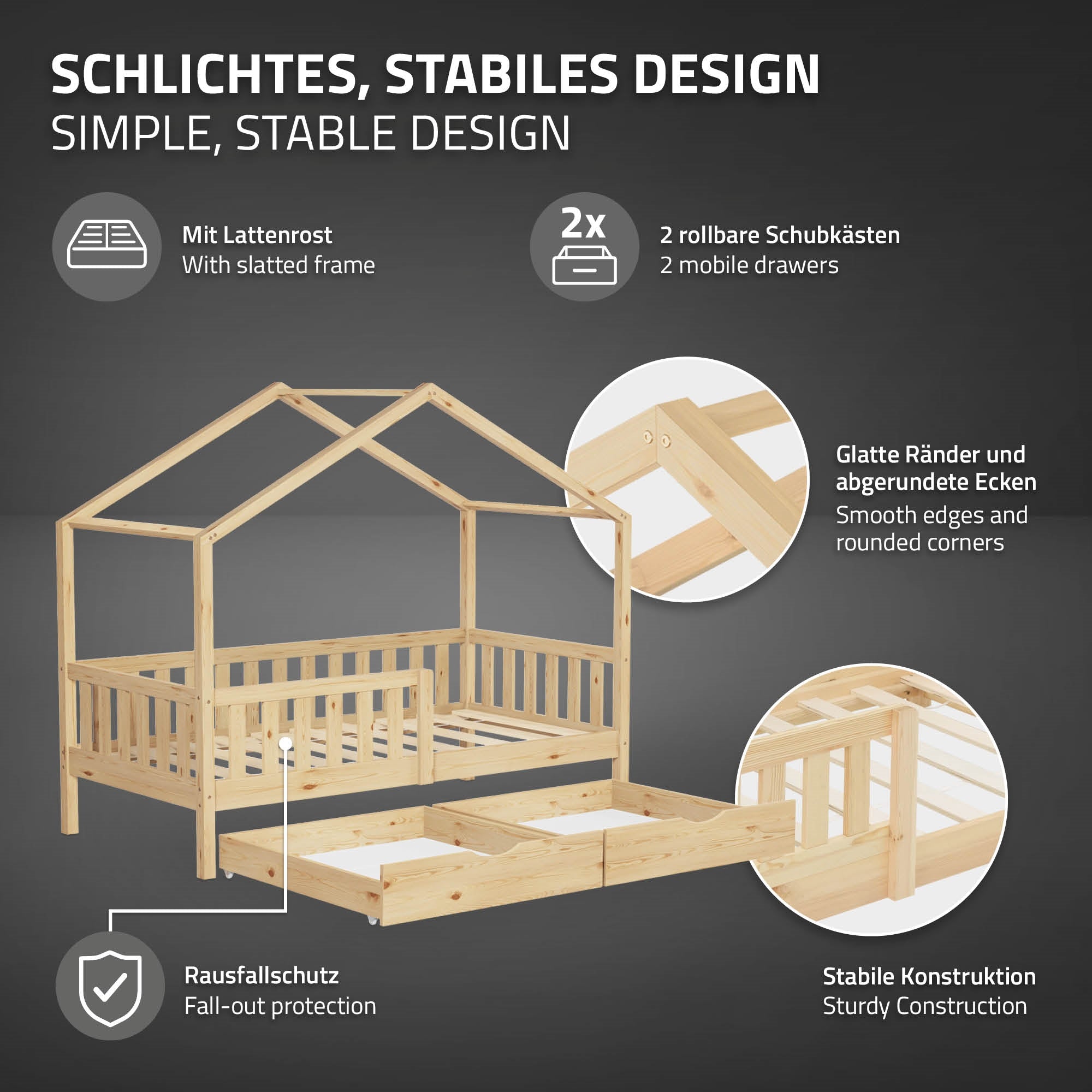 Holzbett mit Rausfallschutz und zwei Schubladen.
