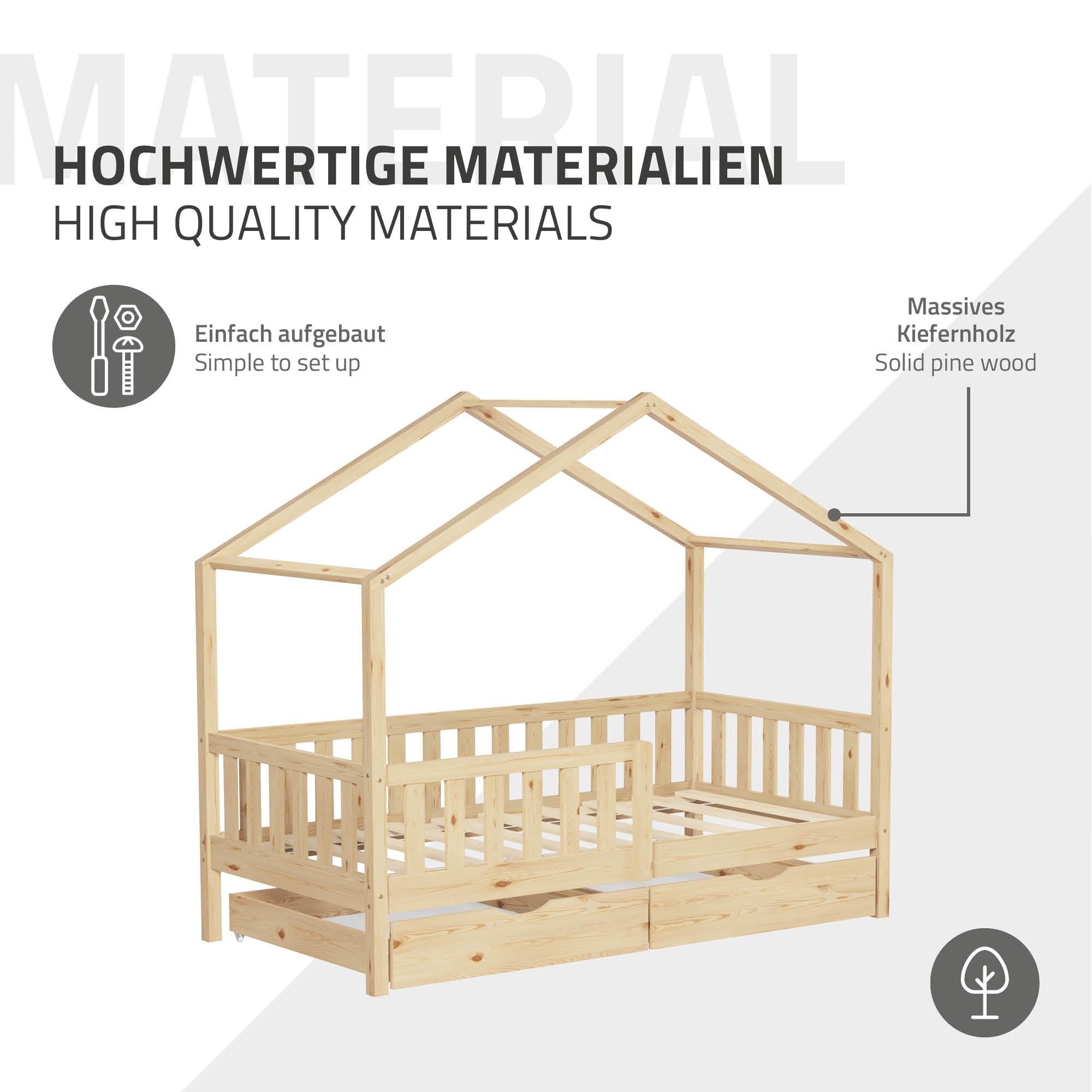 Holzbett mit Dachkonstruktion aus massivem Kiefernholz.