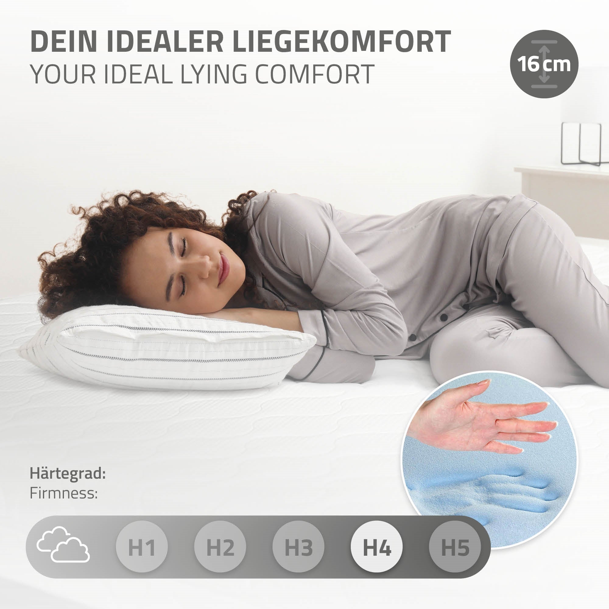 Frau liegt auf einer Matratze, zeigt Liegekomfort und Härtegrad H4.