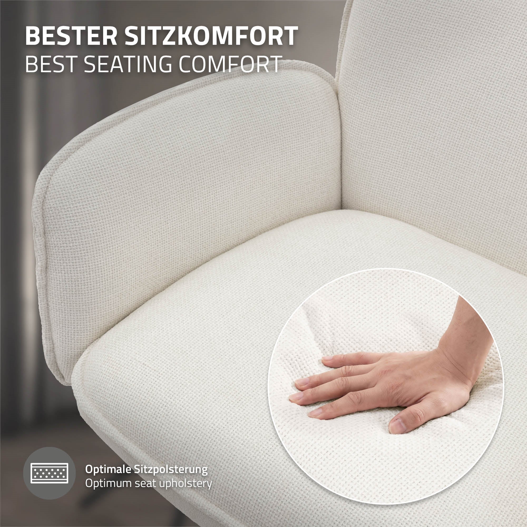 Közelkép egy fehér székről, amelyet egy kéz érint a kárpitozásán.