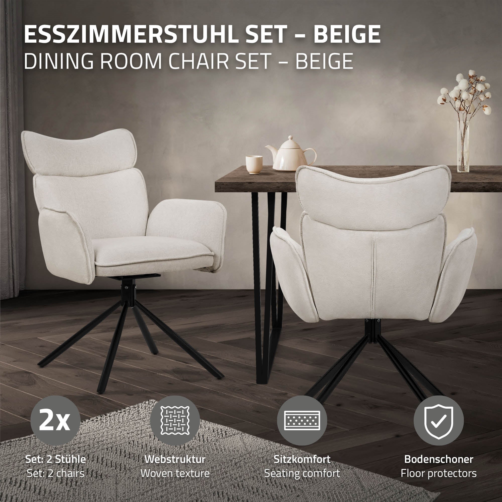 Beige étkezőszék csoport két székkel és asztallal.
