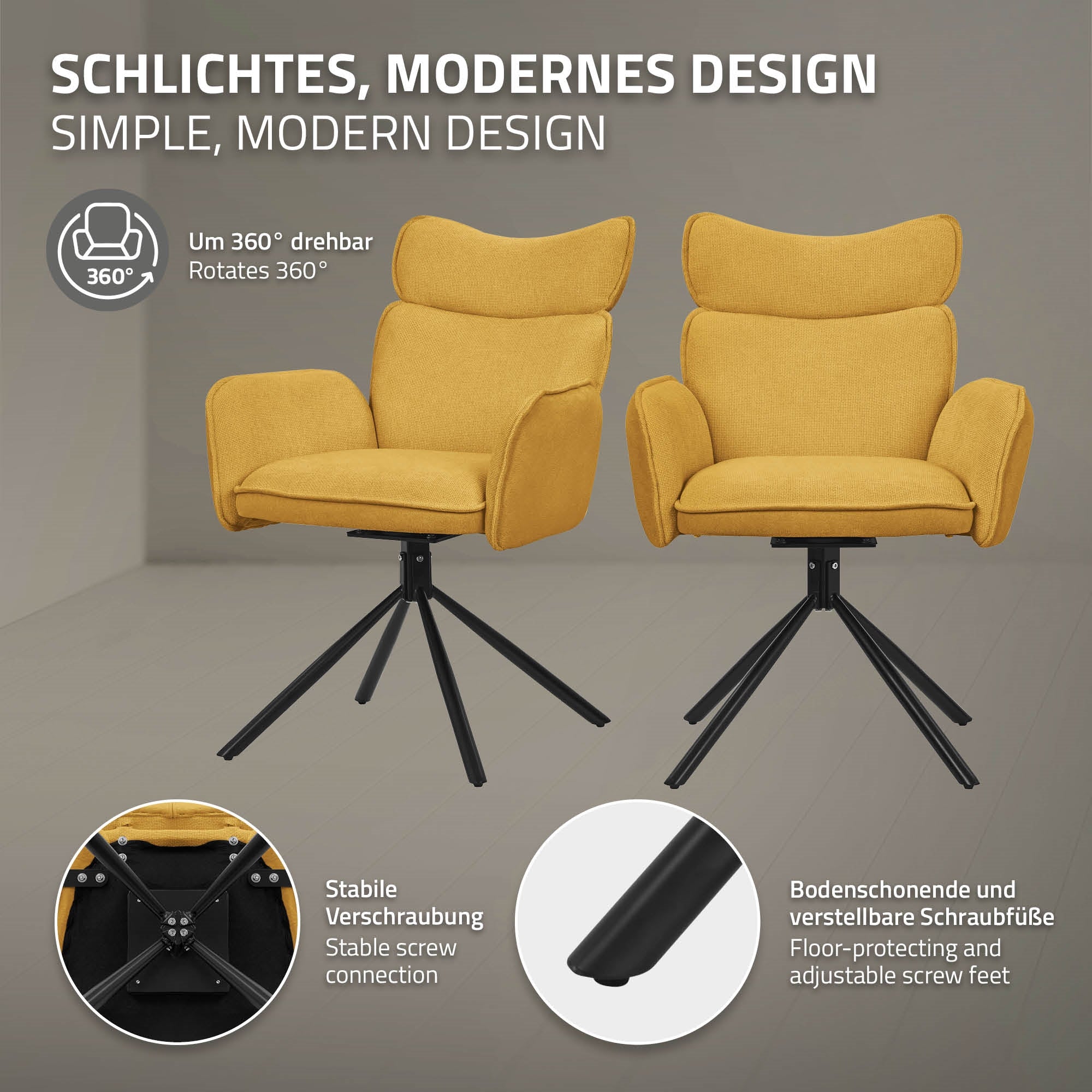 Sedia gialla con design girevole e connessione a vite stabile.
