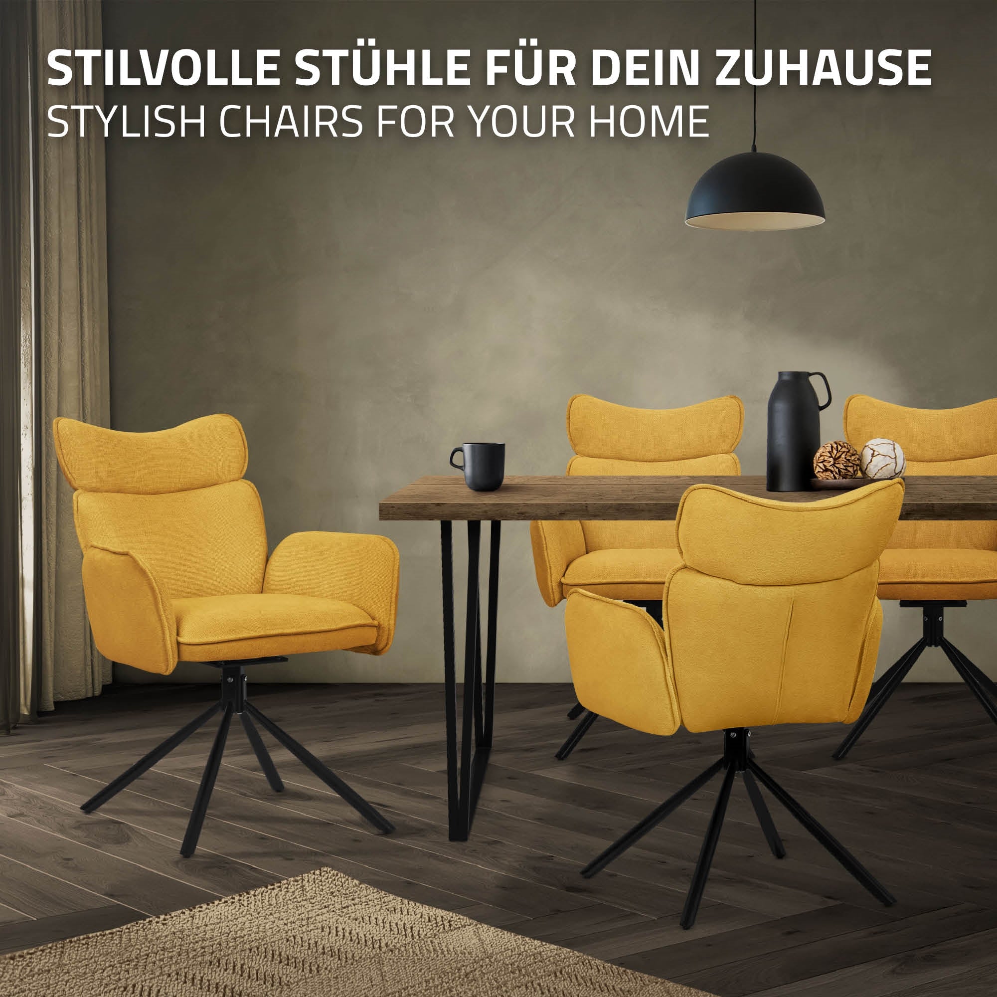 Quattro sedie gialle attorno a un tavolo di legno in un ambiente elegante.
