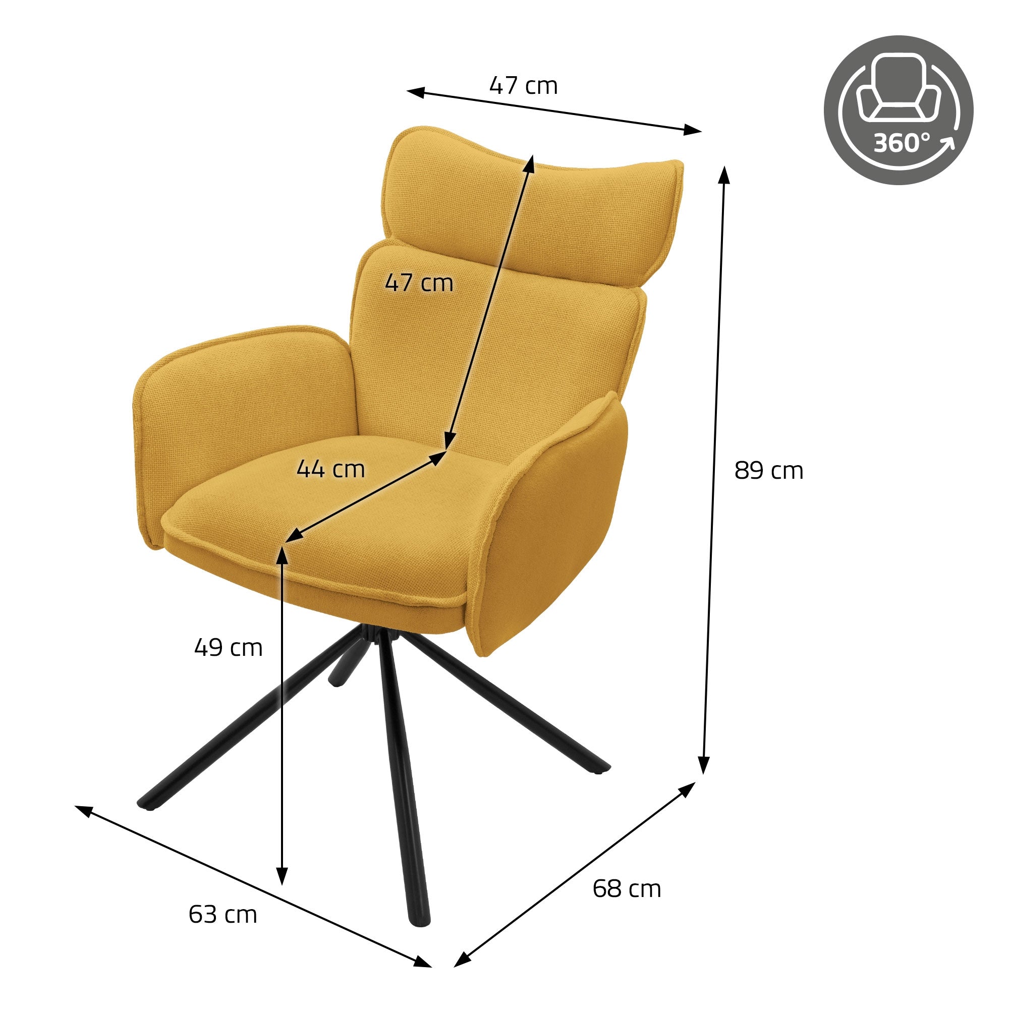 Disegno tecnico di una sedia gialla con dimensioni.
