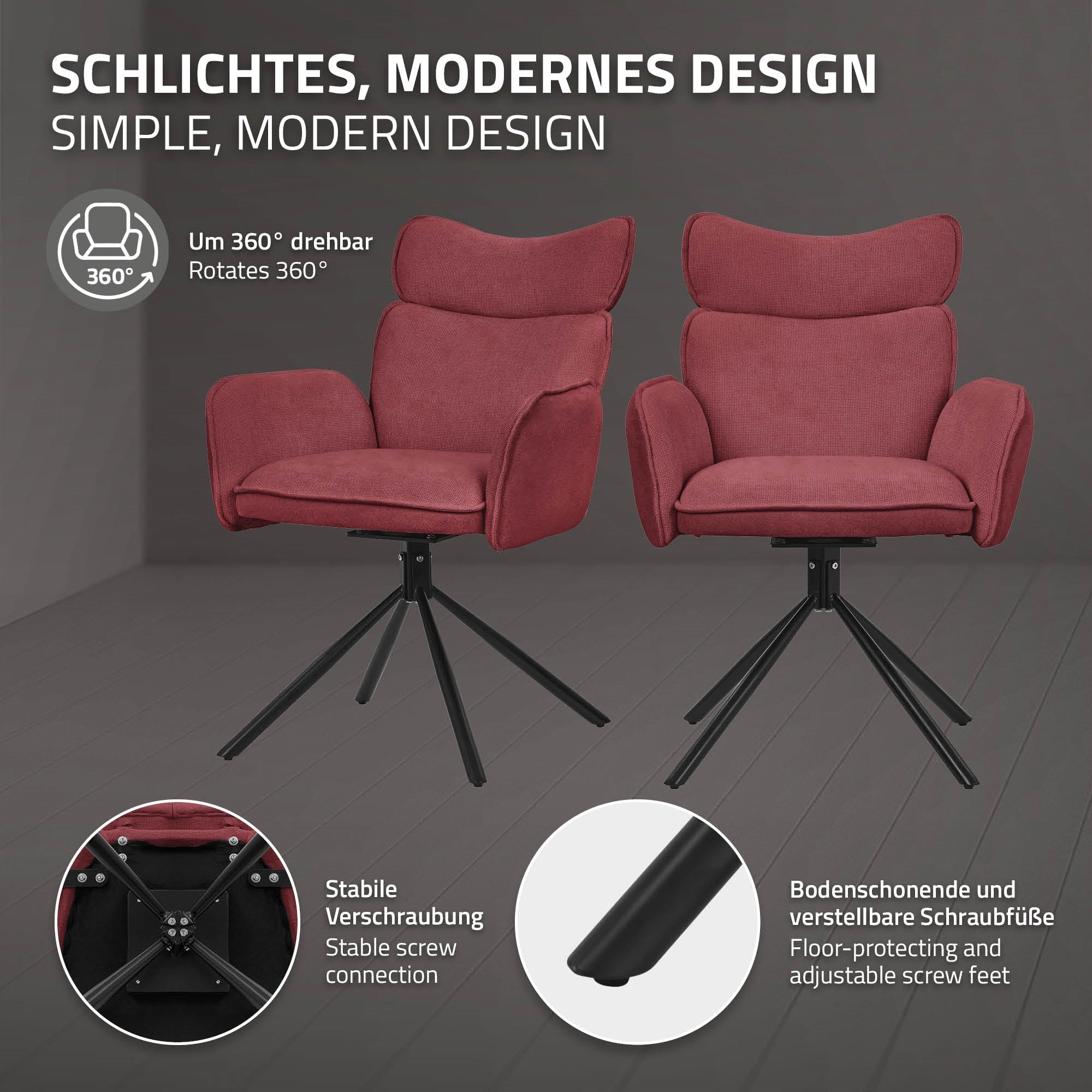 Twee rode stoelen met draaibaar ontwerp op een grijze achtergrond.