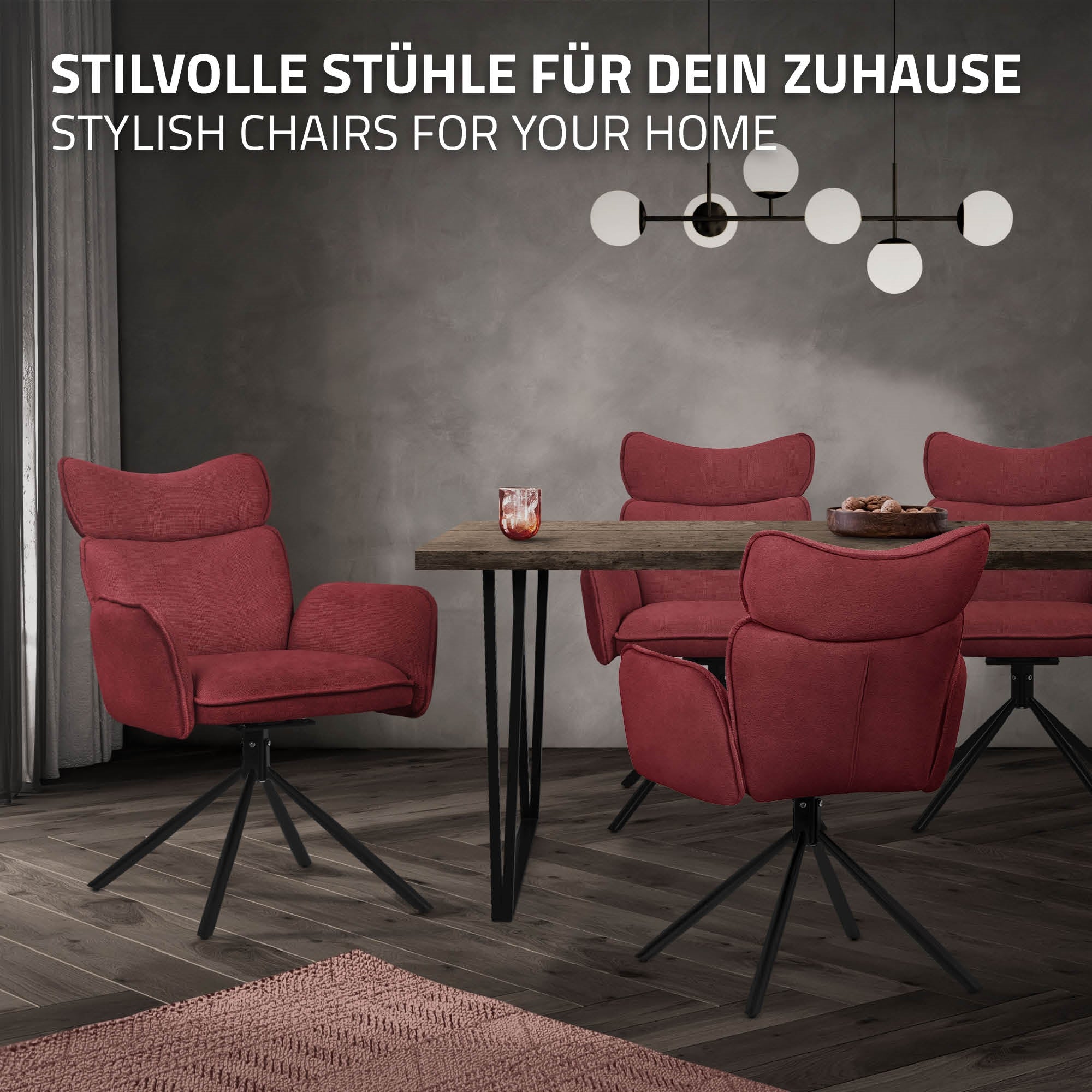 Runde Esstischgruppe mit roten Stühlen in einem modernen Raum.