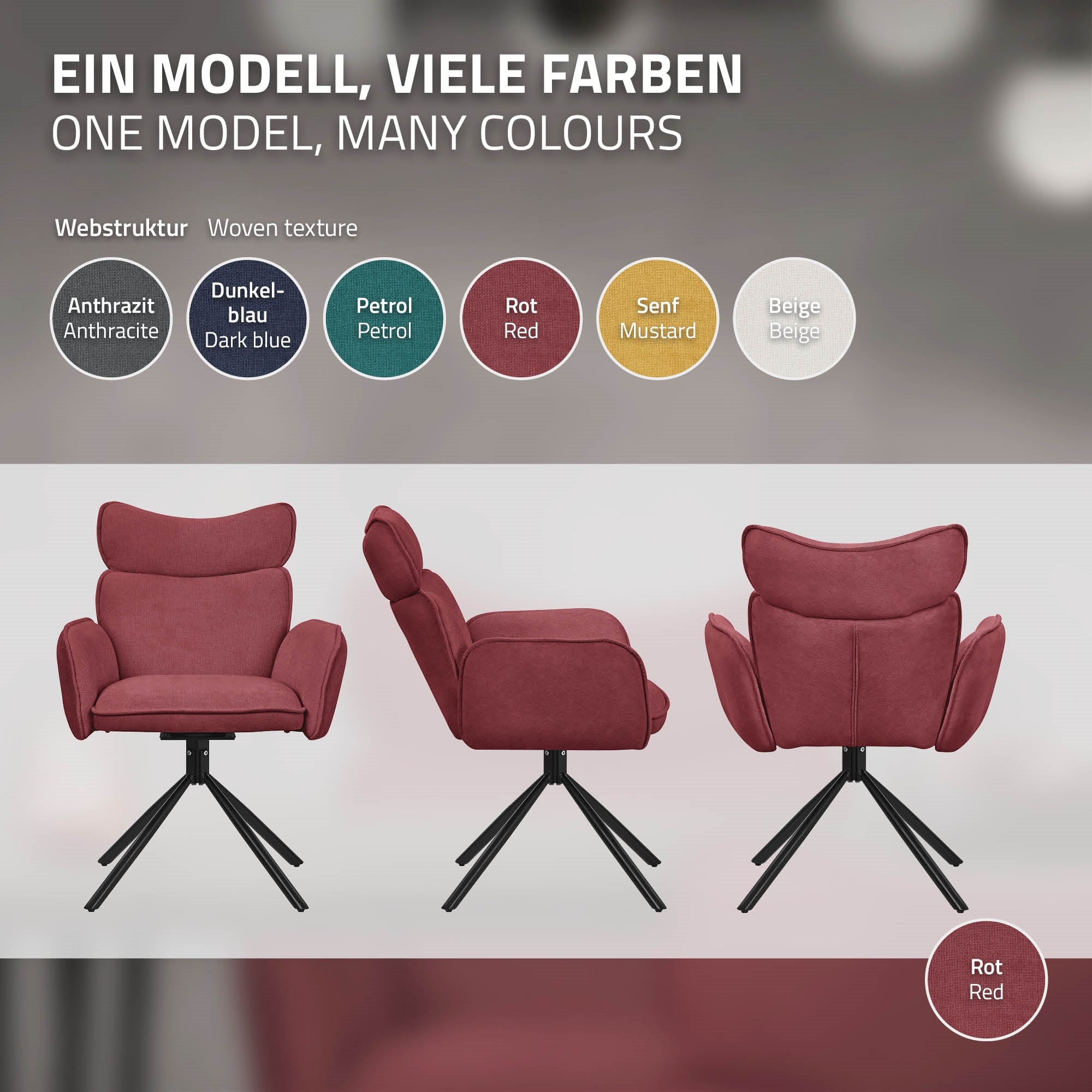 Drei Stühle in verschiedenen Farben auf einem hellen Hintergrund.