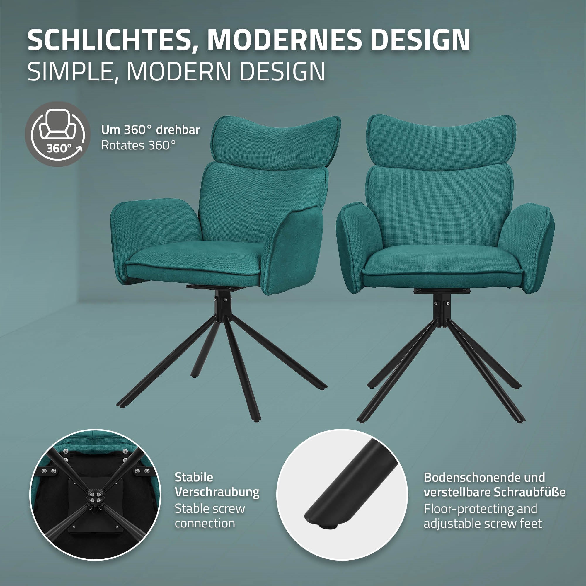 Ein Stuhl mit modernem Design, drehbar und mit stabiler Verbindung.