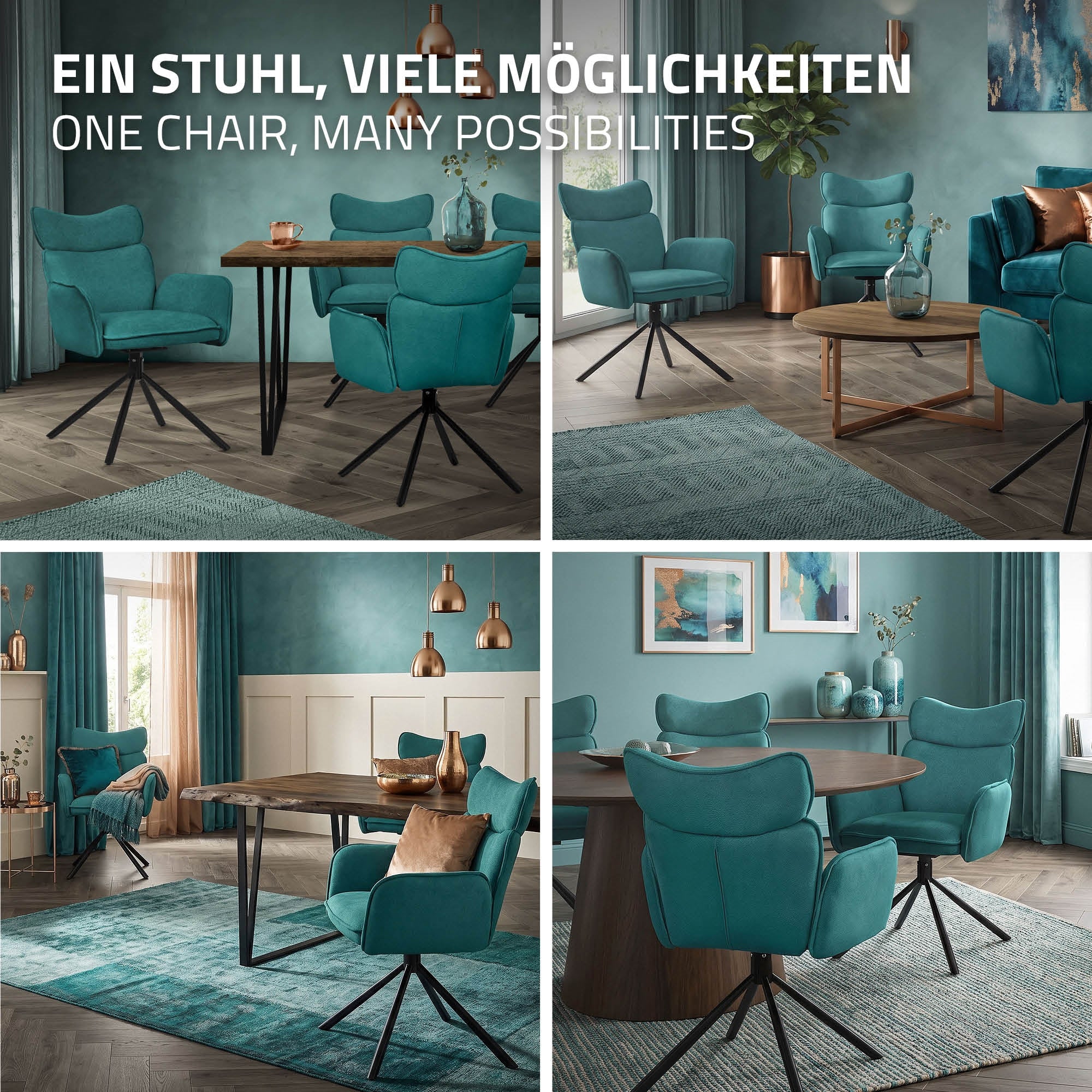 Verschiedene Ansichten eines grünen Esszimmerstuhls in einem stilvollen Raum.