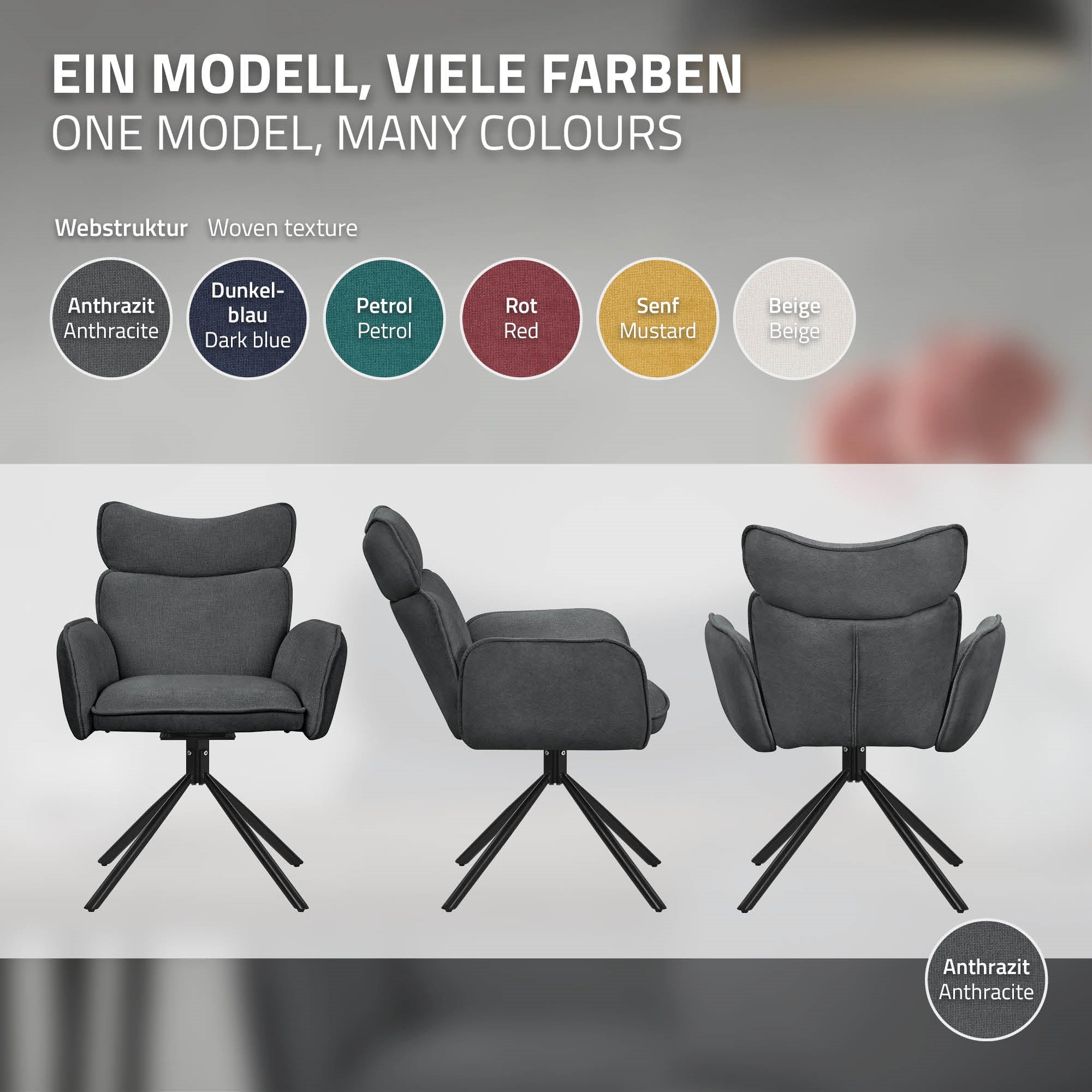 Stuhlmodell in verschiedenen Farben auf einem neutralen Hintergrund.