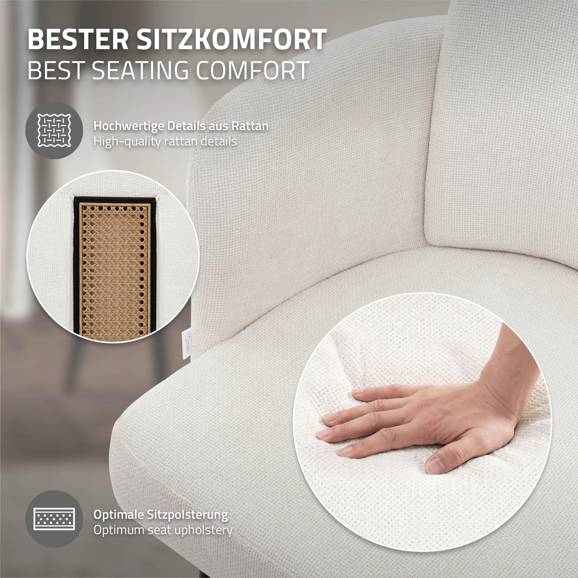 Gros plan sur une chaise blanche avec des détails en rotin et une main sur l'assise.