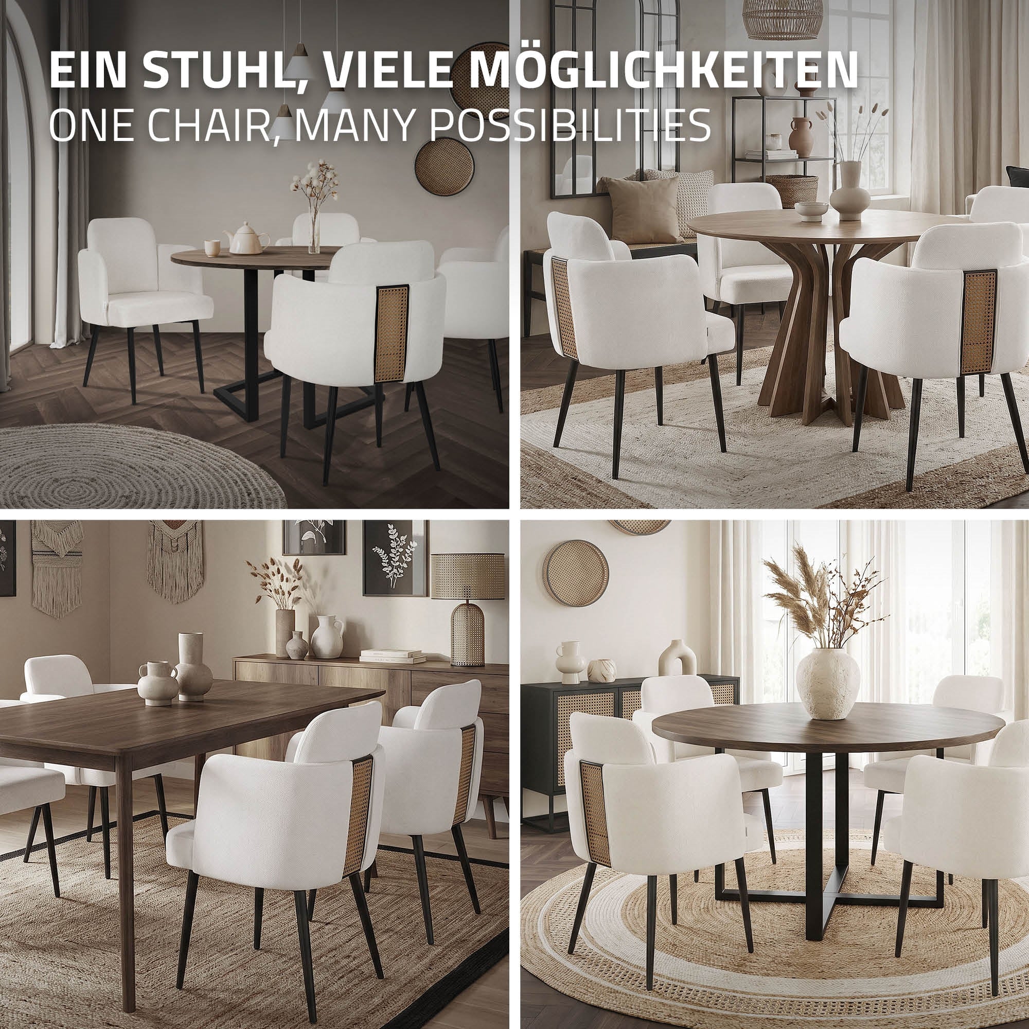 Collage avec différentes dispositions de table et des chaises blanches dans une salle à manger.