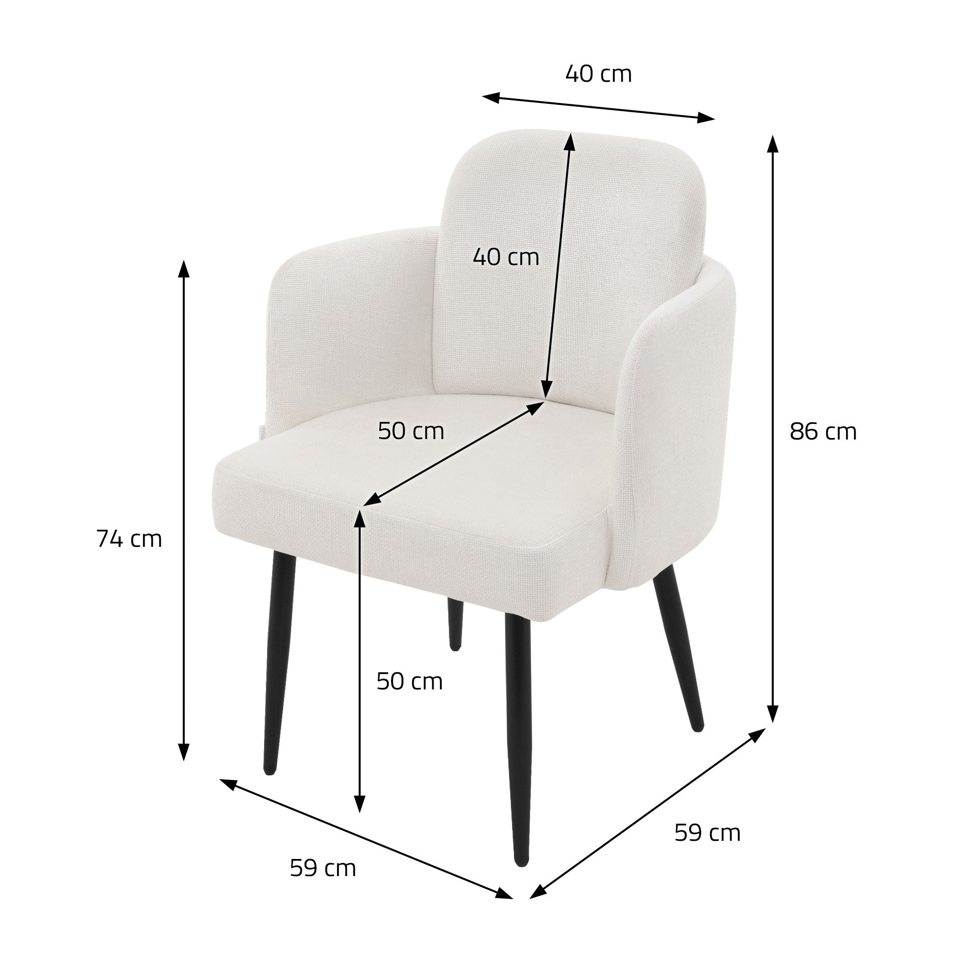 Beige Esszimmerstuhl mit Maßen: 40 cm Breite, 50 cm Tiefe, 86 cm Höhe.